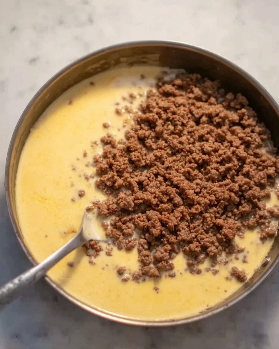 The image shows a cooking pan filled with a creamy yellow sauce that has a smooth texture. On top of this sauce, there is a generous layer of cooked ground meat, which is brown and crumbly in texture. A metal spoon is partially visible on the left side of the pan, resting inside the sauce. The pan is placed on a white marbled surface. photo taken with an iphone --ar 4:5 --v 7