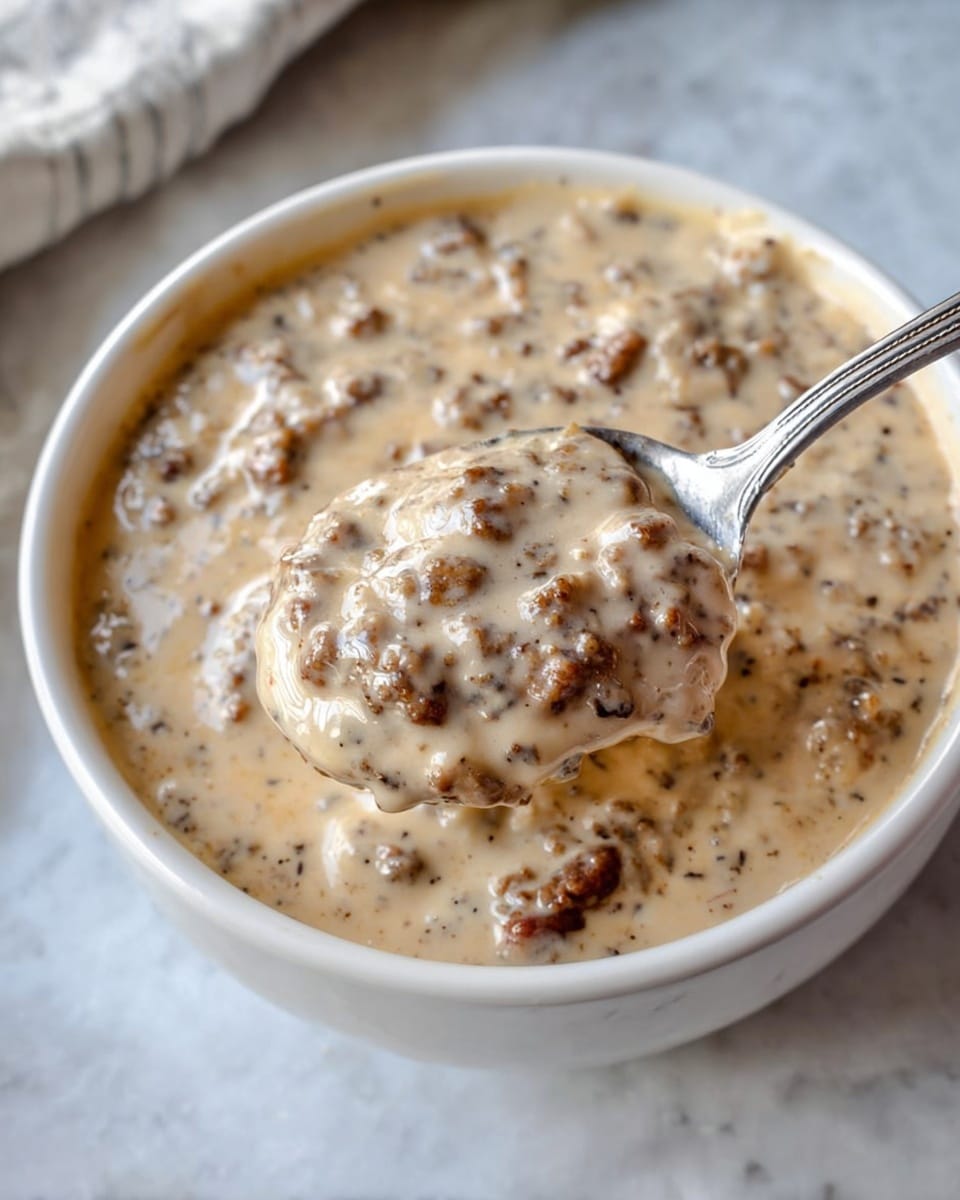 A white bowl sits on a white marbled surface, filled with thick creamy gravy that has visible chunks of brown cooked sausage mixed evenly throughout. A silver spoon lifts a rounded scoop of the creamy, speckled gravy, showing the dense texture with bits of browned meat. The creamy sauce layer is smooth and light beige with darker brown spots from the sausage, giving a rich, hearty look. photo taken with an iphone --ar 4:5 --v 7