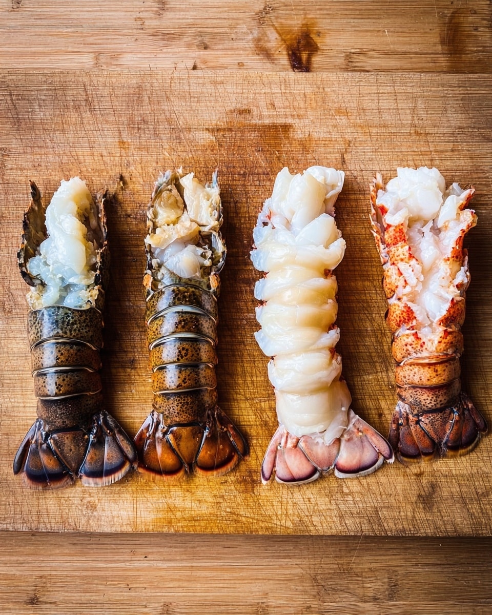 The image shows four pieces of lobster tails laid out in a row on a wooden cutting board, which has a warm brown color with visible grain and some wear marks. The two left lobster tails are still in their shells, showing a mix of dark brown, tan, and some blue-grey tones with a firm texture and visible legs underneath. The two right lobster tails have been removed from their shells, showing a creamy white flesh with a slightly translucent, smooth texture and some pinkish-red parts from the shell still attached. The overall look is fresh and natural, with a contrast between the rough shell pieces and the soft flesh. photo taken with an iphone --ar 4:5 --v 7
