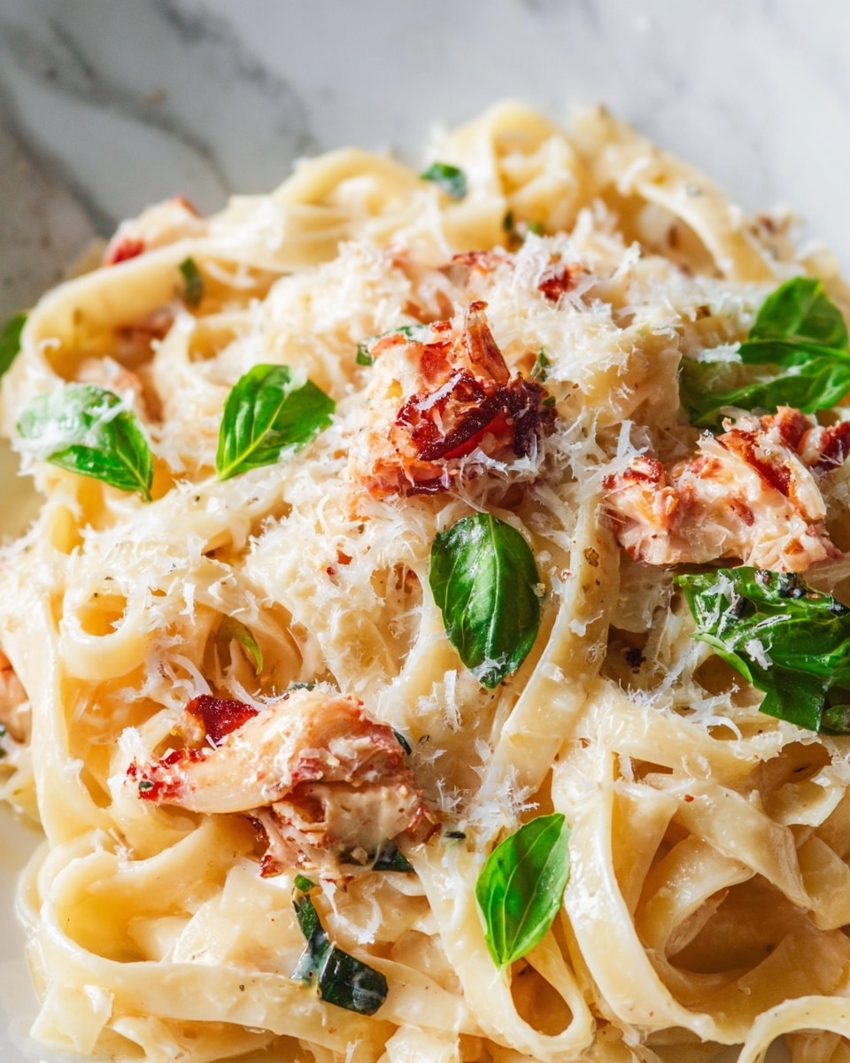 The image shows a close-up of a creamy pasta dish served on a white plate. The pasta is long and flat with curled edges, creamy off-white in color, and mixed with small pieces of reddish-brown meat or seafood. The dish is topped with finely grated white cheese that lightly covers the pasta and meat. Bright green basil leaves are scattered throughout, adding contrast to the creamy and reddish tones. The background has a white marbled texture, giving a clean and simple look. photo taken with an iphone --ar 4:5 --v 7
