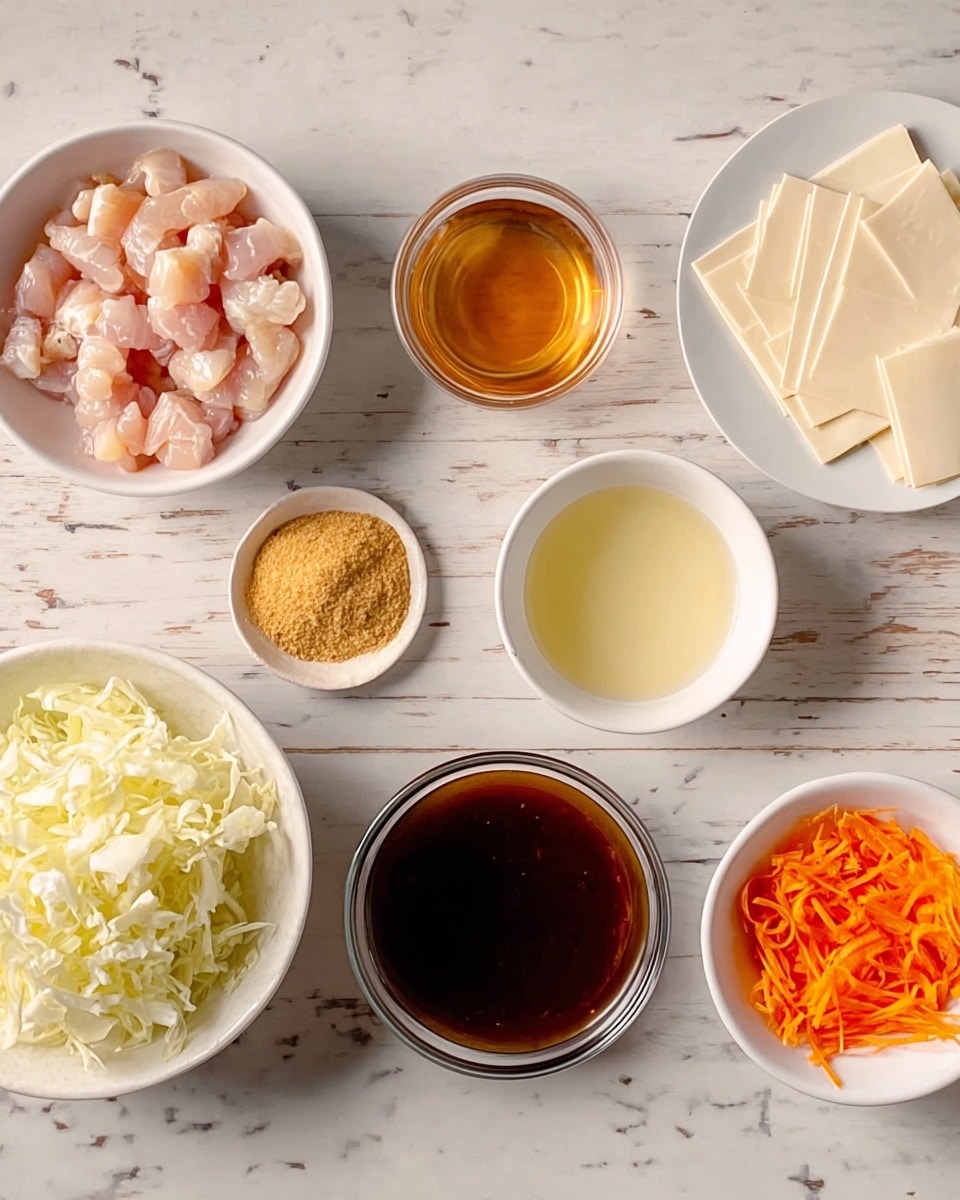 The image shows bowls and containers with different ingredients arranged on a white marbled surface. On the left, there is a white bowl filled with small pieces of raw chicken, pink and light in color. Next to it is a small white bowl holding a golden brown powder. Below that is a glass bowl with a thick dark brown sauce. In the middle, there is a small glass container with a clear amber liquid. Slightly to the right is a white bowl filled with shredded pale yellow cabbage. Above the bowl of cabbage, there are four square pieces of dry thin sheets stacked neatly. To the far right, a white bowl contains a clear light yellow liquid, and below it, a small white bowl holds thin orange carrot strips. The surface they all sit on is a white marble texture. photo taken with an iphone --ar 4:5 --v 7