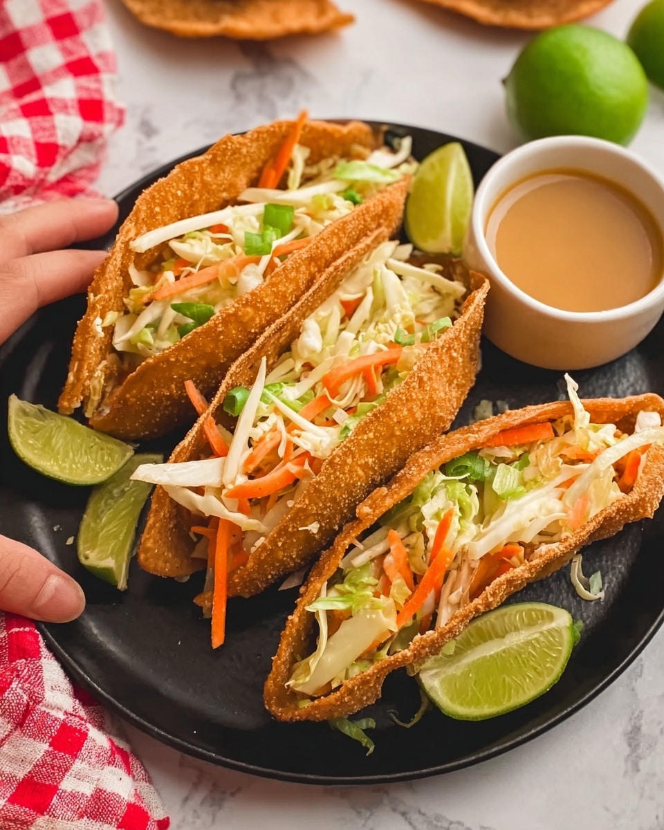 The image shows three crispy fried taco shells on a black round plate, each filled with a fresh mix of white and light green shredded cabbage, thin orange carrot strips, and chopped green vegetables. The tacos have a rough golden-brown texture, and there are two lime wedges placed on the plate beside the tacos. In the background, a small white cup filled with a light brown sauce sits on the white marbled surface. A woman's hand is holding one taco, with hints of a red and white checkered cloth nearby. The overall scene is bright with a clean, fresh look. photo taken with an iphone --ar 4:5 --v 7