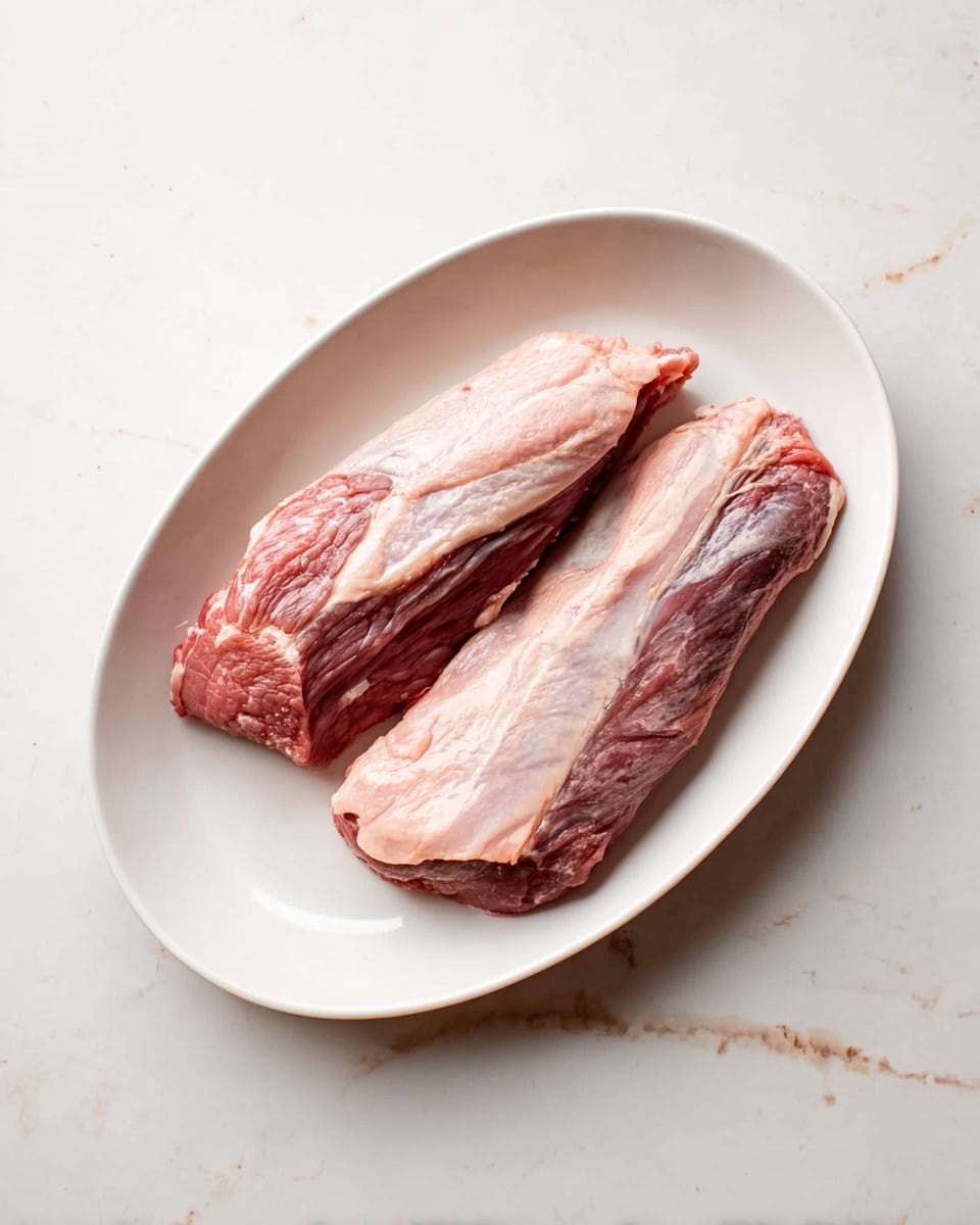 Two pieces of raw meat with pale pink fat and dark red muscle are placed side by side on a large white oval plate. The meat has a smooth, slightly shiny texture with some wrinkles on the fat layer. The plate rests on a white marbled surface, showing subtle light brown and gray veins. The image is clear and simple, focusing closely on the raw meat without additional decorations. photo taken with an iphone --ar 4:5 --v 7