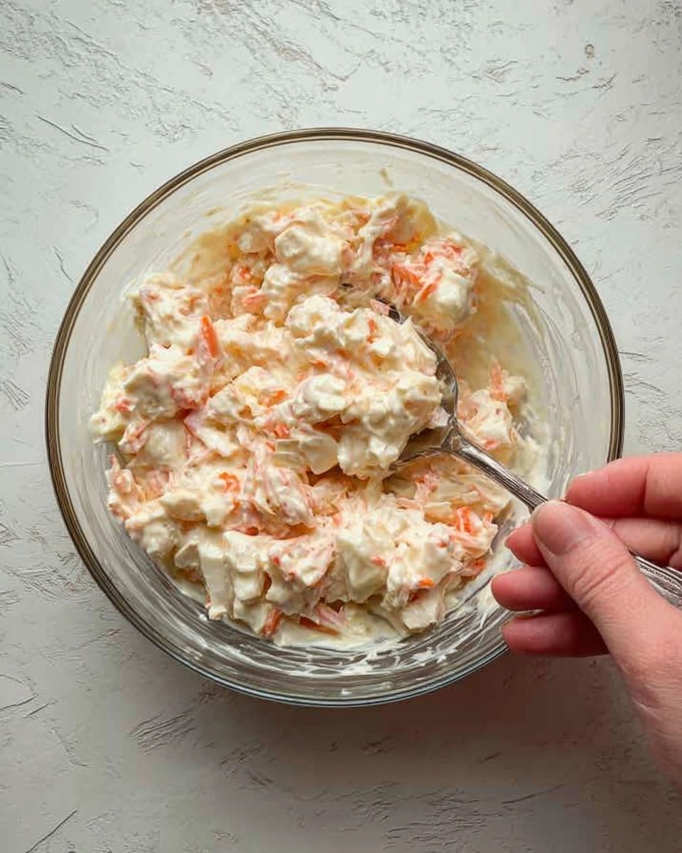 A clear glass bowl filled with a creamy mixture that has small, uneven pieces of orange and white ingredients mixed together. The creamy mixture looks smooth and thick, coating the chunks. A silver spoon is inside the bowl resting on the right side. A woman's hand is holding the bowl from the bottom left side. The background surface is a white marbled texture. Photo taken with an iphone --ar 4:5 --v 7