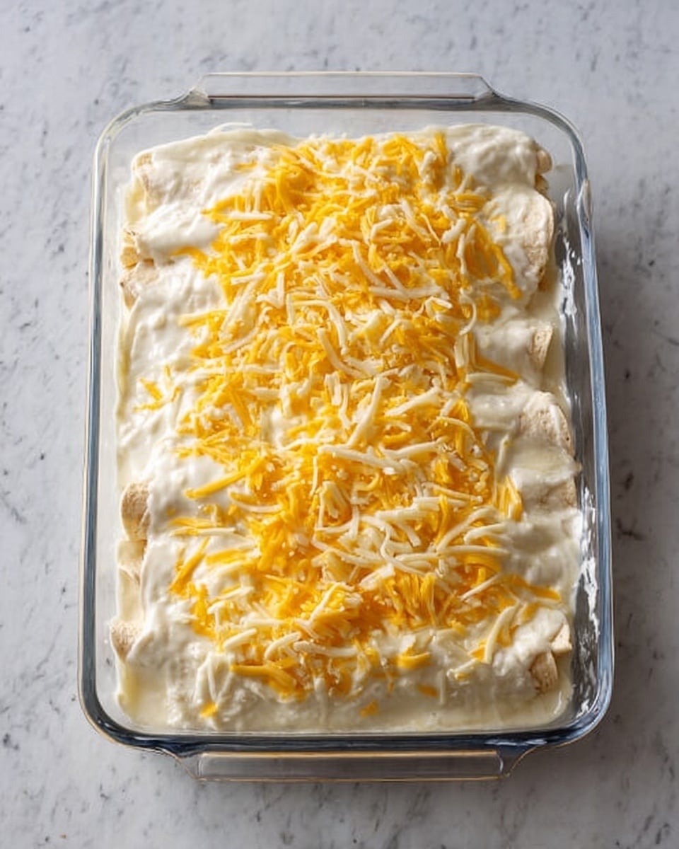 A clear glass rectangular baking dish filled with a layered enchilada dish. The bottom layer is soft tortillas wrapped around filling, covered with a thick creamy white sauce. On top, shredded yellow and white cheese is spread evenly over the sauce. The baking dish is placed on a white marbled surface. photo taken with an iphone --ar 4:5 --v 7