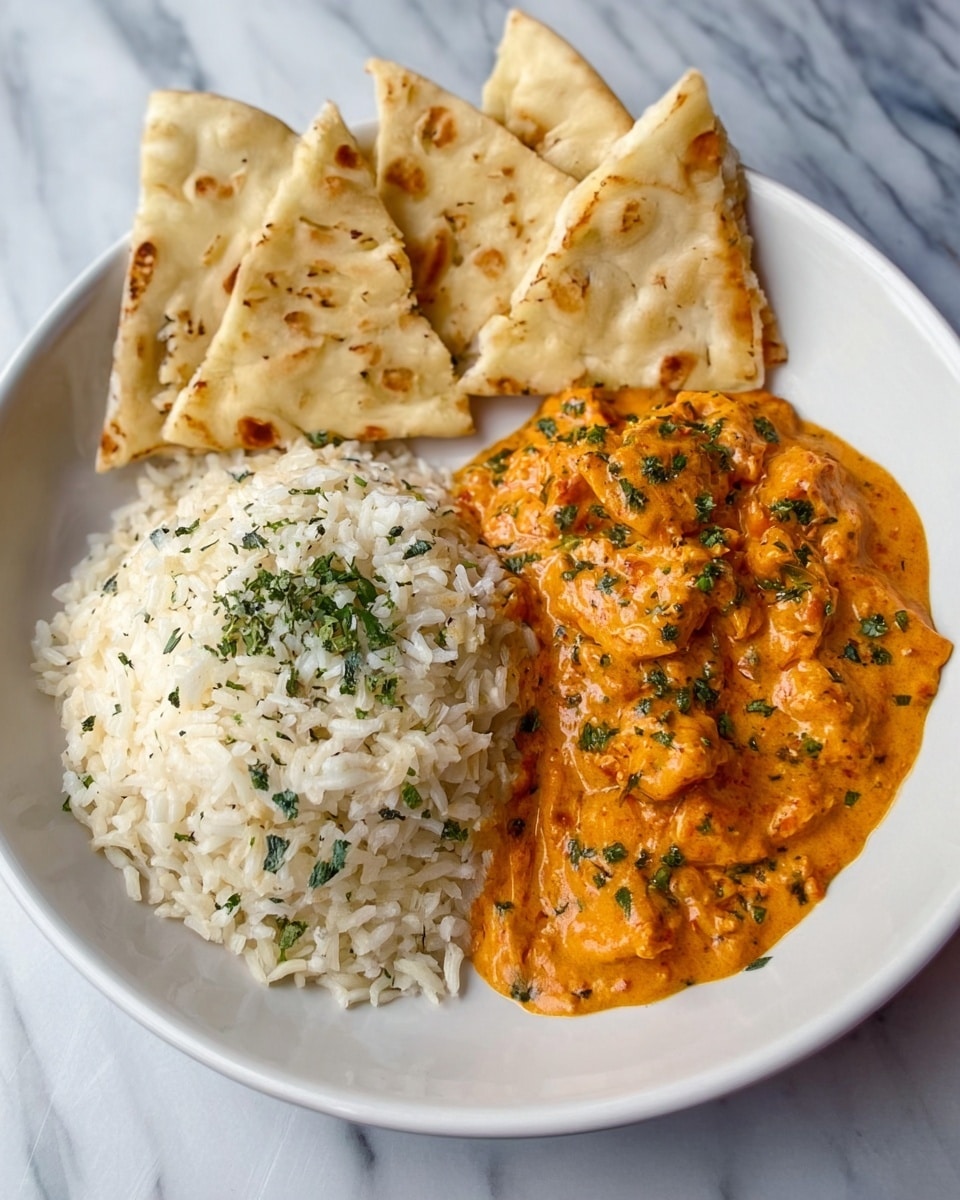 A white plate holds a colorful Indian meal with three parts. On the right side is a mound of white rice with light green herbs mixed in. On the left side is a thick orange curry with small pieces of meat and green herb bits sprinkled on top. At the back edge, there are five triangular pieces of soft flatbread, lightly browned in spots and arranged neatly around the rice and curry. The plate sits on a white marbled surface. photo taken with an iphone --ar 4:5 --v 7