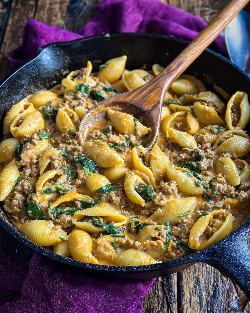 The image shows a black cast iron skillet filled with pasta shells mixed with a creamy orange sauce thick with small bits of ground meat and fresh green spinach leaves scattered throughout. A wooden spoon rests in the skillet, partially submerged in the pasta, highlighting the creamy texture of the sauce and the slightly glossy surface of the shells. The skillet is placed on a rustic wooden surface with a purple cloth in the background, creating a warm and cozy feel. photo taken with an iphone --ar 4:5 --v 7