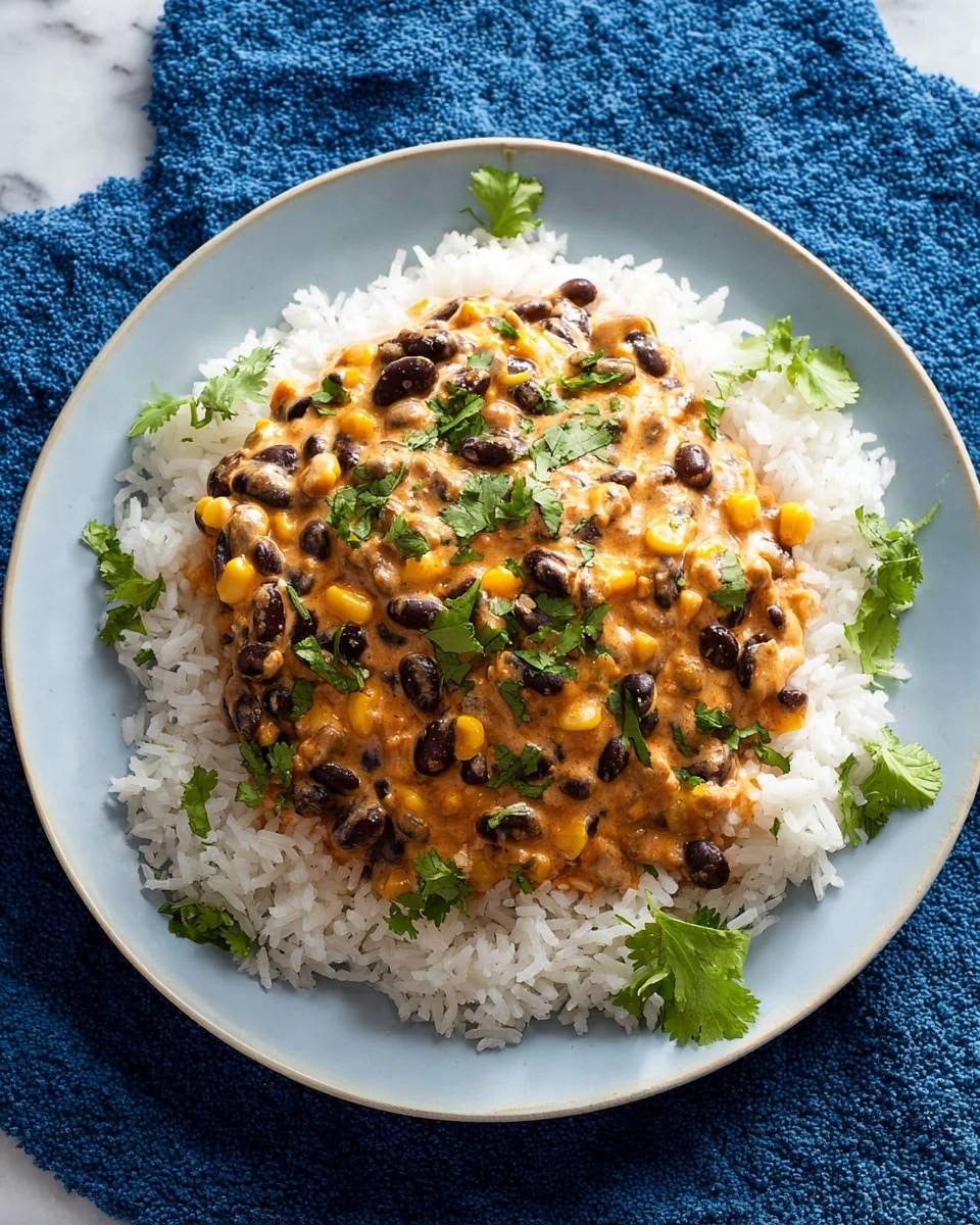 A white plate holds a bed of white rice spread evenly across its surface. On top, there is a thick layer of a creamy orange sauce mixed with black beans and small yellow corn kernels. Fresh green cilantro leaves are sprinkled over the dish, with a few whole leaves resting on the rice near the plate’s edge. The plate sits on a blue textured cloth, all placed on a white marbled surface. photo taken with an iphone --ar 4:5 --v 7
