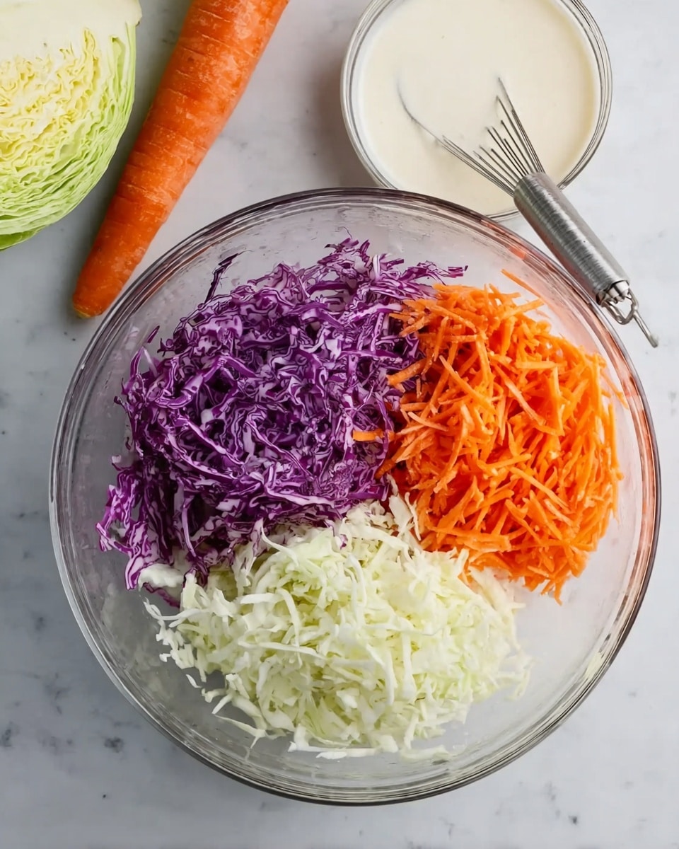 A clear glass bowl contains three piles of shredded vegetables neatly separated inside: vibrant purple cabbage on the top left, bright orange carrots on the top right, and pale white cabbage at the bottom. Below this bowl, there is a smaller transparent bowl with creamy white dressing and a small whisk inside. The bowls sit on a white marbled surface, adding a clean and fresh look to the image. On the left edge, a partial view of a cut green cabbage and a whole orange carrot are visible. Photo taken with an iphone --ar 4:5 --v 7