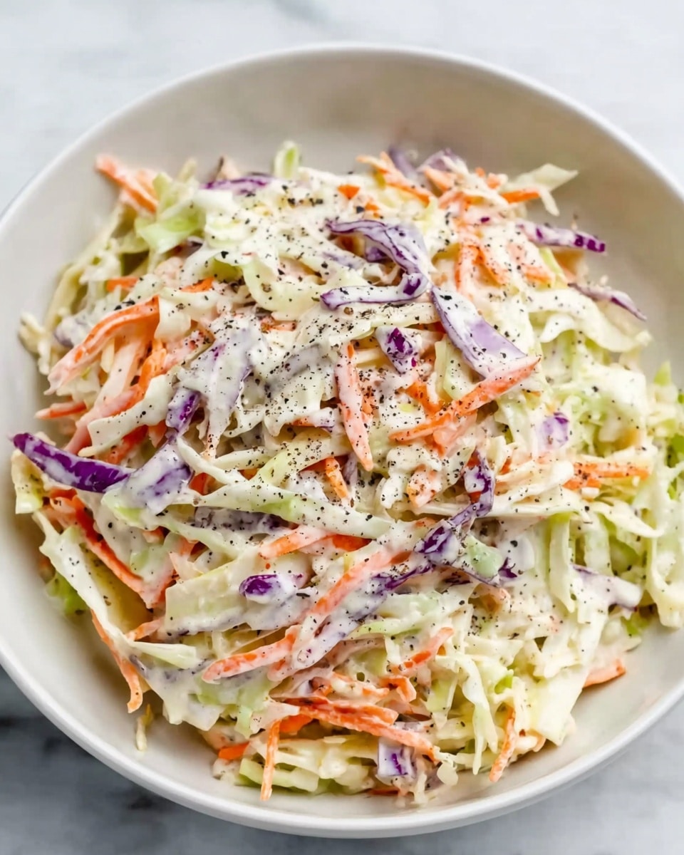 A white bowl holds a fresh coleslaw salad showing three clear layers: the base is shredded light green cabbage, mixed with thin strips of bright orange carrots and some purple cabbage strands scattered throughout. The top layer is creamy white dressing lightly coating the vegetables with black pepper specks visible on top. The bowl is placed on a white marbled surface. photo taken with an iphone --ar 4:5 --v 7