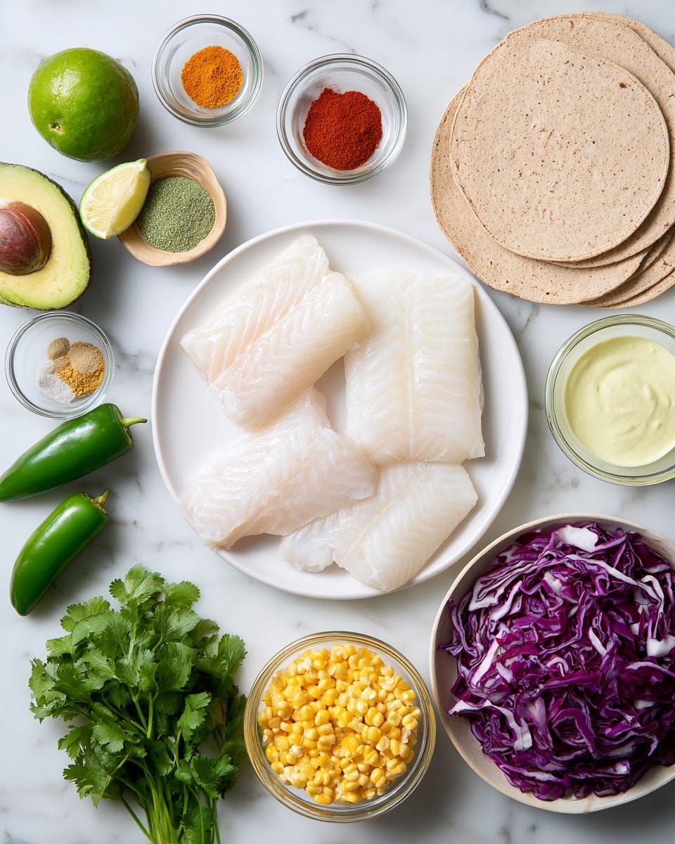 The image shows four pieces of white fish fillets placed on a white plate in the center. Surrounding the plate are small glass bowls filled with colorful spices including green, orange, and red powders. To the right, a white bowl holds shredded purple cabbage with white streaks. Below it, a small clear bowl has yellow corn kernels, and next to that is another small bowl with light yellow creamy sauce. To the left of the plate, two halves of a green avocado are placed beside a whole green jalapeño and a bunch of fresh green cilantro. Two small bowls containing white creamy sauce and clear liquid sit near the bottom, along with a whole lime. Four round whole wheat tortillas rest above the fish. Everything is set on a white marbled surface. Photo taken with an iphone --ar 4:5 --v 7