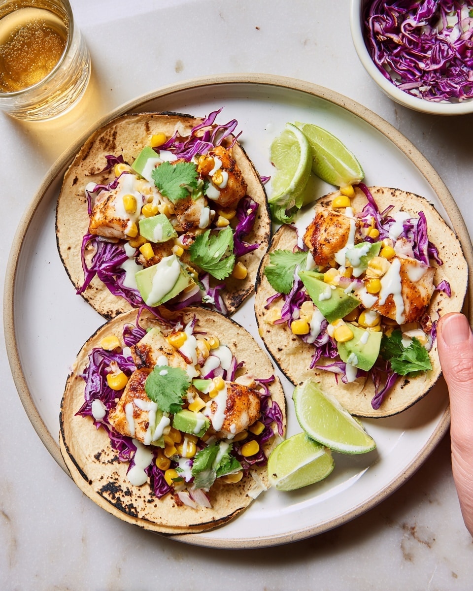 A white plate holds three soft corn tortillas with a slightly toasted look, each topped with layers starting from a bed of shredded purple cabbage, followed by small pieces of white grilled fish with a light golden-brown color. Scattered yellow corn kernels add contrast on top, along with chunks of pale green avocado. Drizzles of white sauce swirl over the ingredients, and fresh green cilantro leaves are sprinkled across. Two lime wedges rest beside the tortillas on the plate, which sits on a white marbled surface. In the background, a small white bowl with more purple cabbage and corn and a glass of golden liquid are visible, and a woman's hand is gently holding one tortilla. photo taken with an iphone --ar 4:5 --v 7
