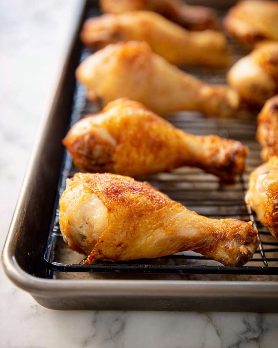 A metal rack holds seven golden brown chicken drumsticks evenly spaced in two rows, placed inside a baking tray. The drumsticks have a crispy texture with visible light and darker brown spots showing where the skin is baked crispy. The tray rests on a white marbled surface that is bright and clean. The photo is focused on the front drumstick in sharp detail, with a soft blur on the drumsticks behind it. photo taken with an iphone --ar 4:5 --v 7