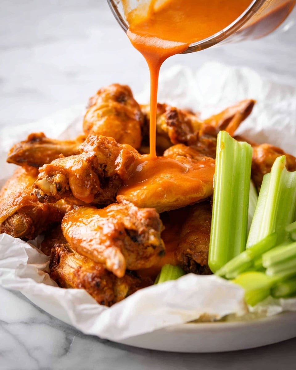 The image shows a white plate lined with crumpled white parchment paper holding a pile of golden-brown chicken wings. Bright orange sauce is being poured over the wings from a glass container, covering the top layer with a shiny, smooth texture. On the right side of the plate, there are several fresh, green celery sticks standing upright, adding a fresh contrast to the warm colors of the wings and sauce. The scene is set on a white marbled surface. photo taken with an iphone --ar 4:5 --v 7