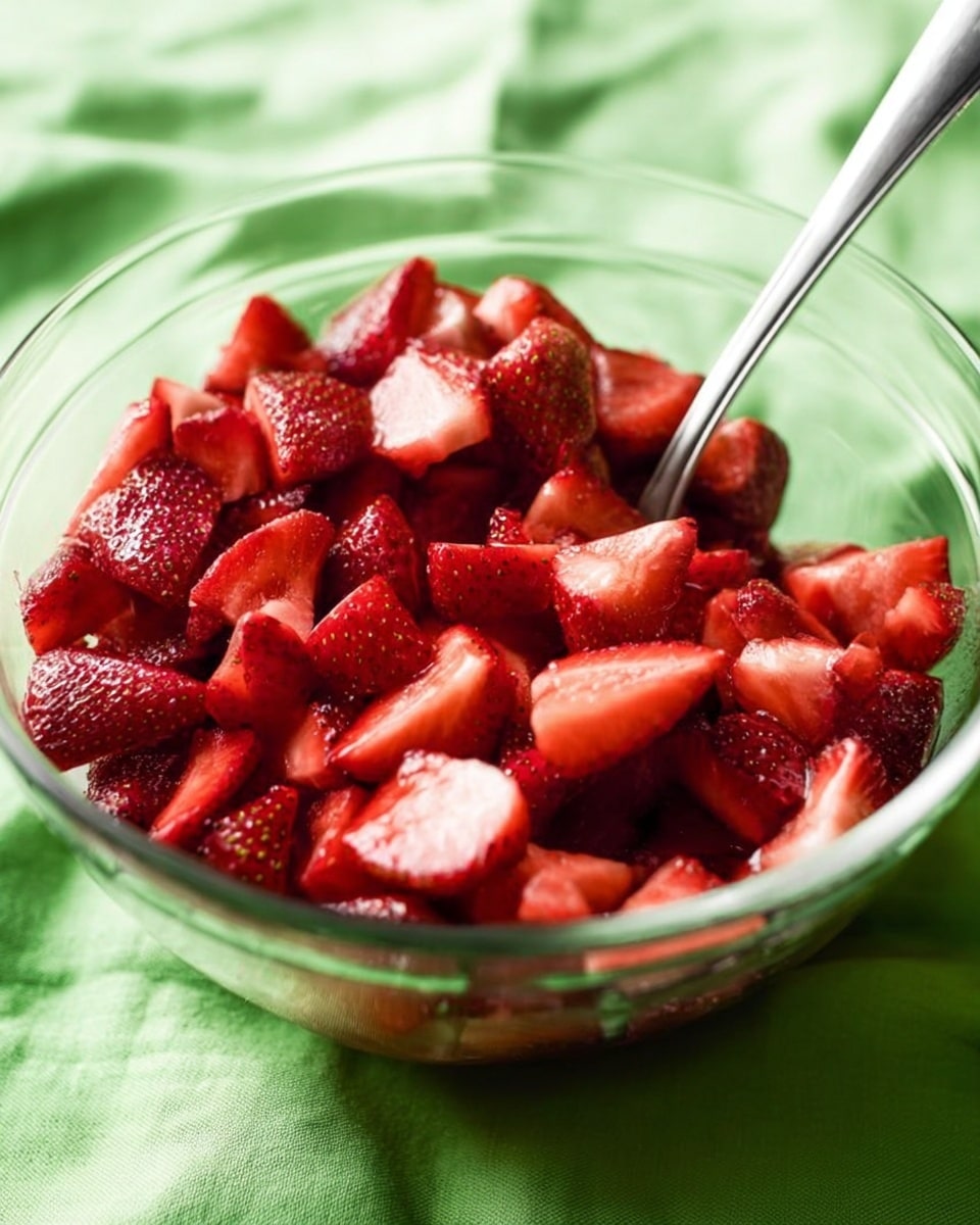 A clear glass bowl filled with many pieces of bright red strawberries that are cut into small uneven chunks, showing the juicy texture and seeds on the outside. A shiny silver spoon rests inside the bowl, with the handle leaning outwards. The bowl sits on a green cloth, creating a soft contrast to the strawberries. The overall look is fresh and vibrant. photo taken with an iphone --ar 4:5 --v 7