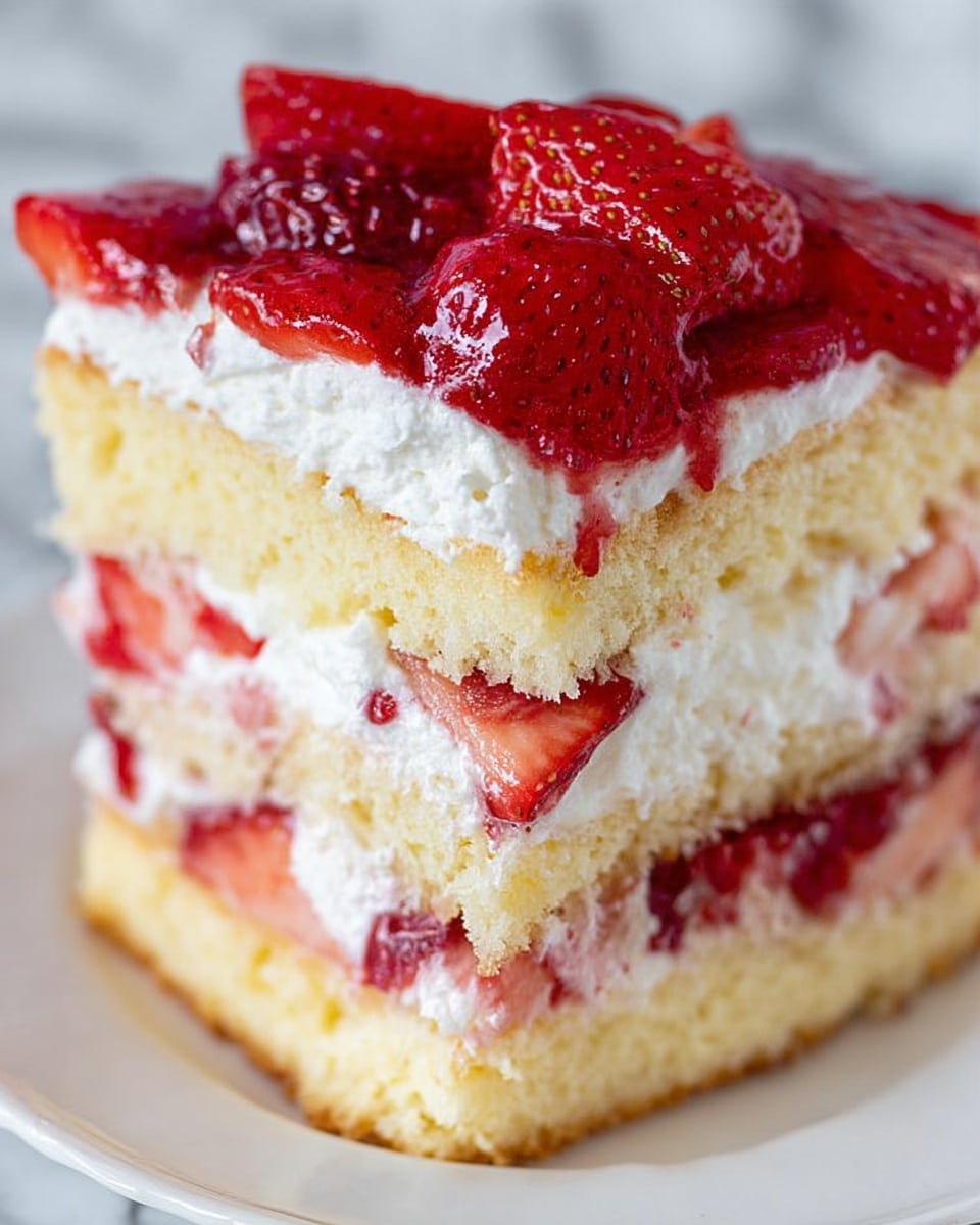 The image shows a close-up of a three-layered cake piece on a white plate, with the background of white marbled texture. The bottom layer is a thick, soft, light yellow sponge cake. Above it, there is a thick white cream layer mixed with small pieces of strawberry. The middle layer is a second thick sponge cake similar to the bottom layer. The top layer is thick white cream topped with vibrant red, sliced strawberries, which are shiny and fresh. The strawberries' texture is slightly wet, and they cover the cream fully. Photo taken with an iphone --ar 4:5 --v 7