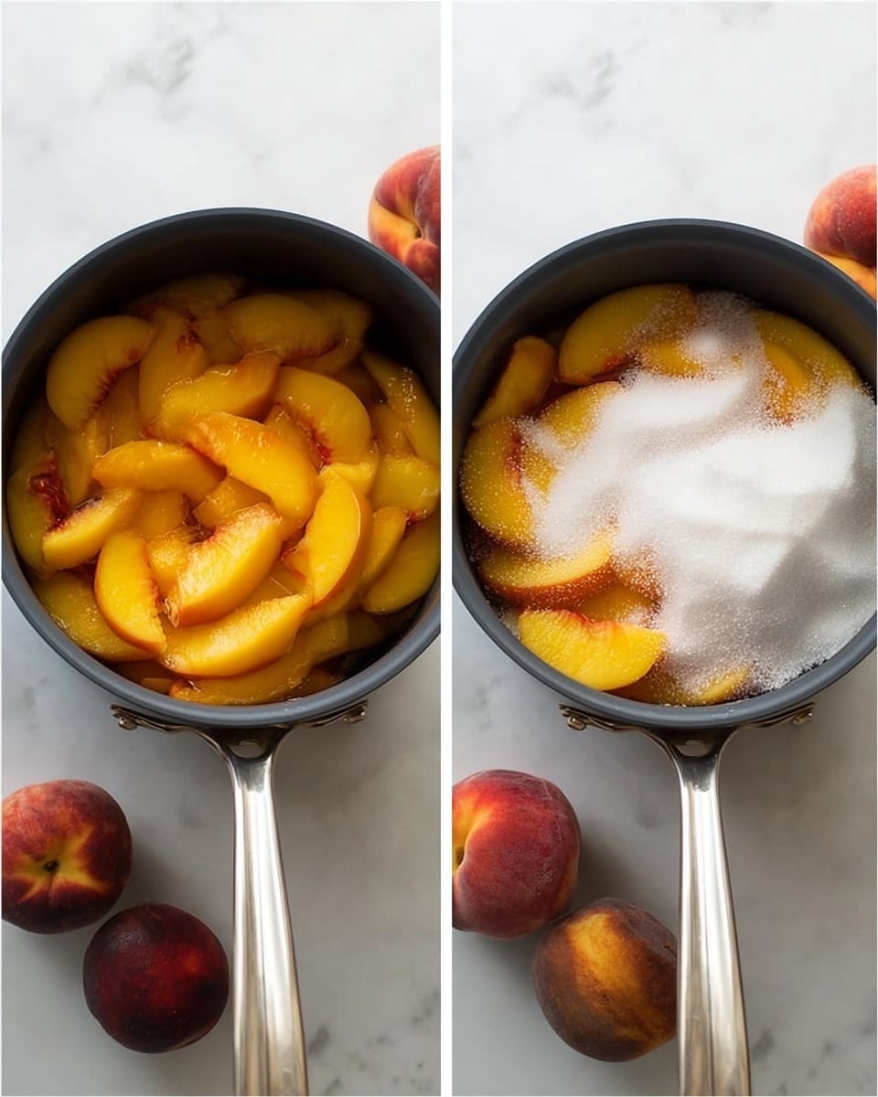 Two side-by-side images show a black pot on a white marbled surface with some fuzzy brown and red fruits nearby. The left image has a single layer of bright orange-yellow sliced peaches inside the pot, while the right image has the same peach slices covered by a thick layer of white granulated sugar on top. The pot has a silver handle pointing downwards in both images. Photo taken with an iphone --ar 4:5 --v 7