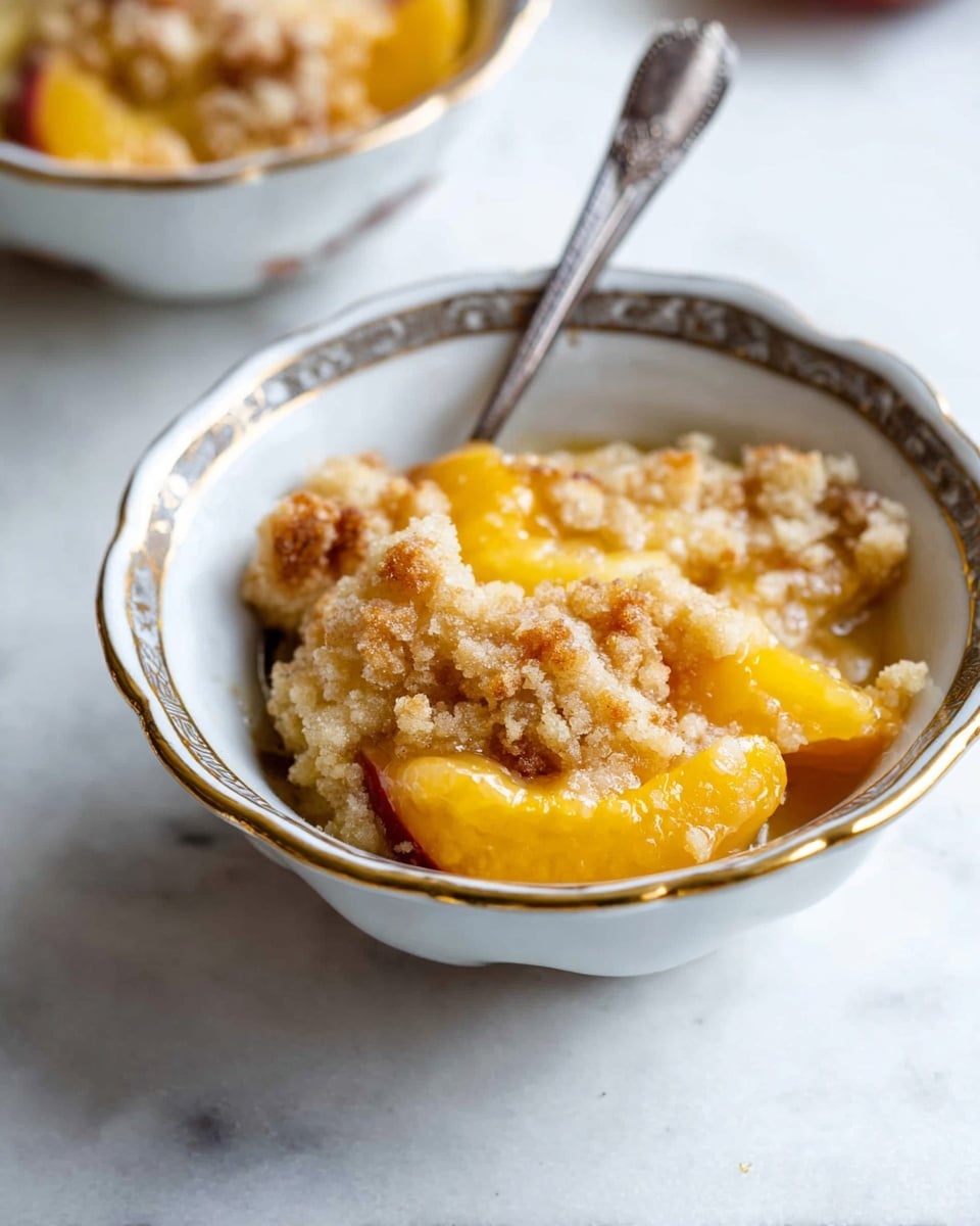 A white bowl with a gold and gray patterned rim holds a dessert made of a golden crumbly topping layered over soft peach slices visible around the edges. The dessert looks warm and slightly moist, with the crumb layer textured and uneven. A silver spoon rests inside the bowl, angled upwards, and is positioned near the rim. The bowl is set on a white marbled surface with another similar bowl slightly blurred in the background. photo taken with an iphone --ar 4:5 --v 7