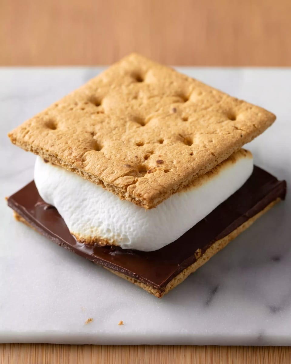 A close-up view of a s'more with three layers on a white marbled surface: the bottom layer is a square, smooth piece of dark chocolate with a shiny texture; the middle layer is soft and fluffy white marshmallow that slightly spills out over the edges; the top layer is a light brown, square graham cracker with small holes evenly spread across its surface. Photo taken with an iphone --ar 4:5 --v 7