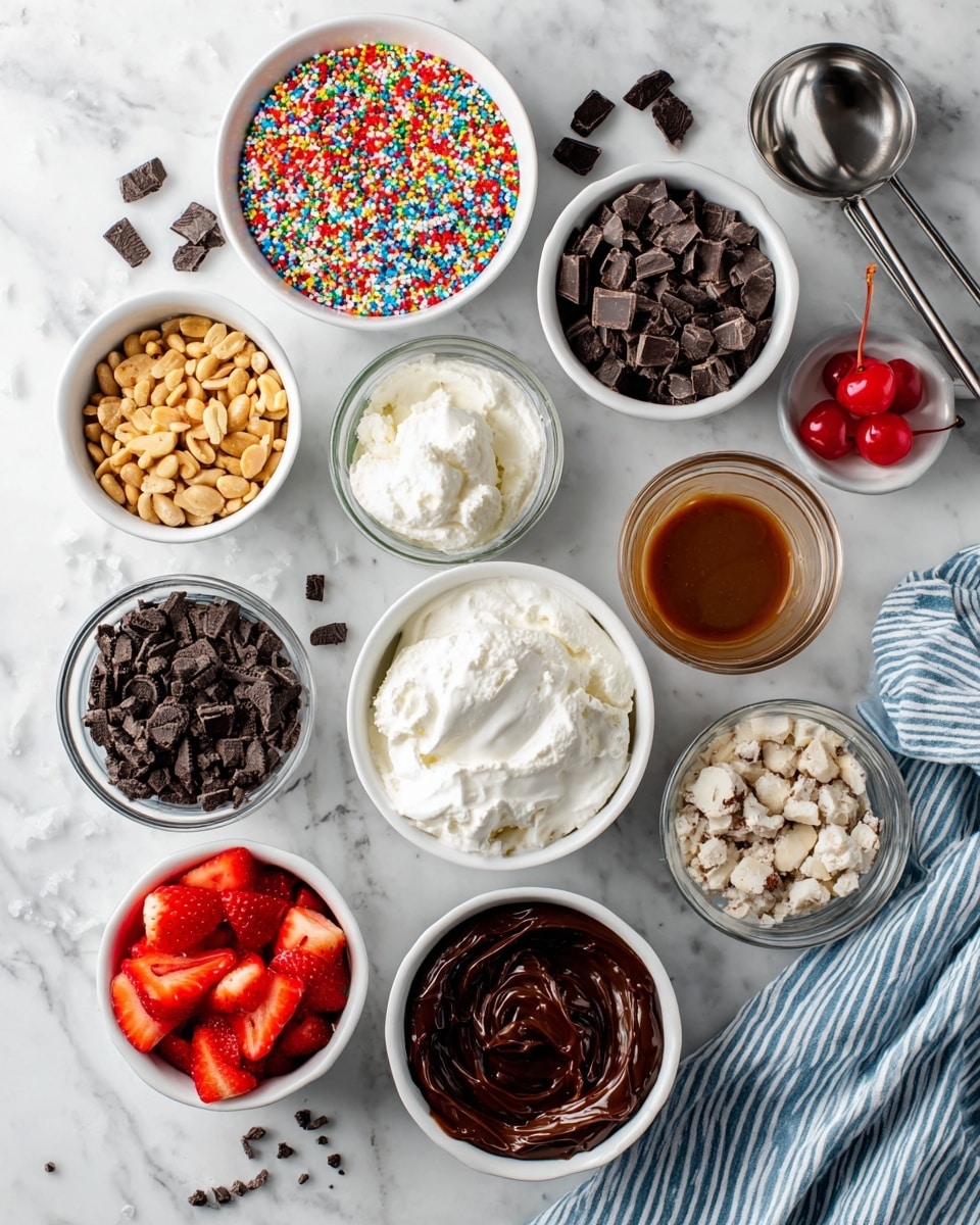 The image shows a variety of small white bowls arranged on a white marbled surface, each filled with different colorful ingredients. At the top, one bowl is full of rainbow-colored sprinkles made of tiny shaped pieces in red, blue, green, yellow, and white. Below it, a bowl contains white creamy whipped topping with a smooth texture. Next to it, there is a glass bowl with dark chocolate chunks, small and square-shaped. Towards the bottom right, a white bowl holds a thick caramel sauce with a shiny surface, while near the center a white bowl has a dark, thick chocolate pudding or ganache with a glossy finish. On the bottom left, a white bowl contains bright red sliced strawberries with their juicy texture visible. To the left of that, there is a bowl of light-colored chopped peanuts that look crunchy. Above the peanuts is a bowl with a brown, soft mixture that seems like a nut butter or frosting. On the upper left side, a small white bowl contains bright red maraschino cherries with stems. Nearby, another white bowl holds crushed black and white sandwich cookies. A striped blue and white cloth is placed beside the bowls, and a shiny, metal ice cream scoop rests near the top left corner. The entire setup is neat and bright with a fresh look, photo taken with an iphone --ar 4:5 --v 7