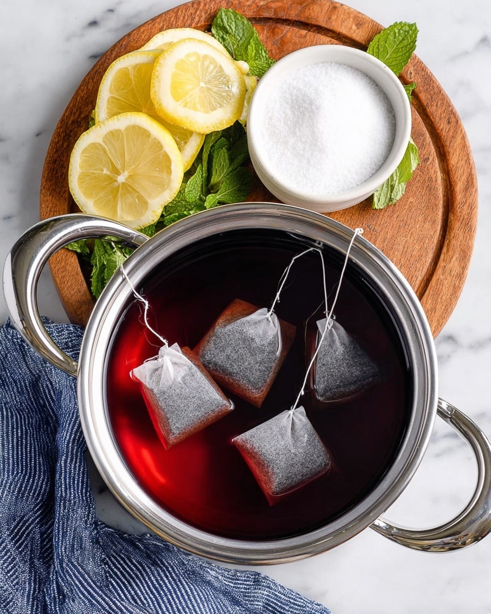 A silver pot filled with dark red tea steeping with five tea bags hanging inside, each tea bag string resting on the pot’s rim. Above the pot, a round wooden board holds a small white bowl filled with white granulated sugar and three lemon slices with mint leaves beside them. The background is a white marbled surface with a blue and white striped cloth partially visible at the bottom left. photo taken with an iphone --ar 4:5 --v 7