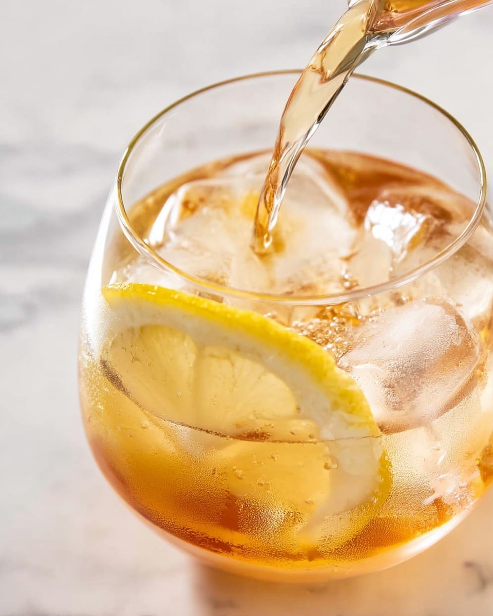 A clear glass filled with ice cubes and a thick lemon slice floating inside, with a light brown liquid being poured into the glass, creating bubbles and ripples on the surface. The clear glass has a smooth, round rim and shows condensation forming on the outer side. The background features a white marbled texture. photo taken with an iphone --ar 4:5 --v 7