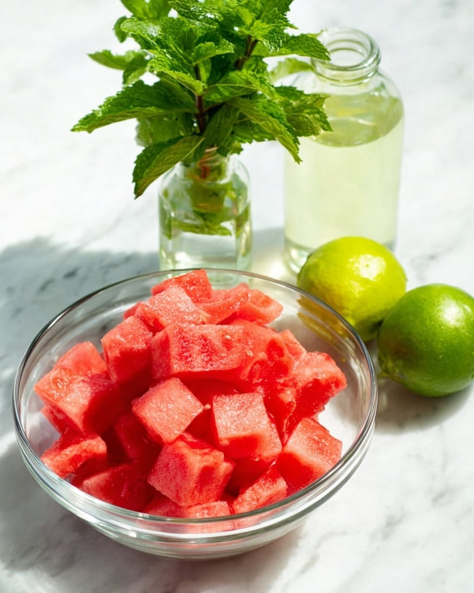 A clear glass bowl filled with bright red watermelon cubes stacked unevenly, placed on a white marbled surface. Behind the bowl, there is a small clear glass bottle with fresh green mint leaves extending upwards, and next to it, a clear glass bottle filled with a light green liquid with an open top. To the right of the bottles, there are two whole limes, one green and one yellowish-green, resting on the same white marbled surface. The lighting is bright and natural, making the colors look fresh and vibrant. Photo taken with an iphone --ar 4:5 --v 7