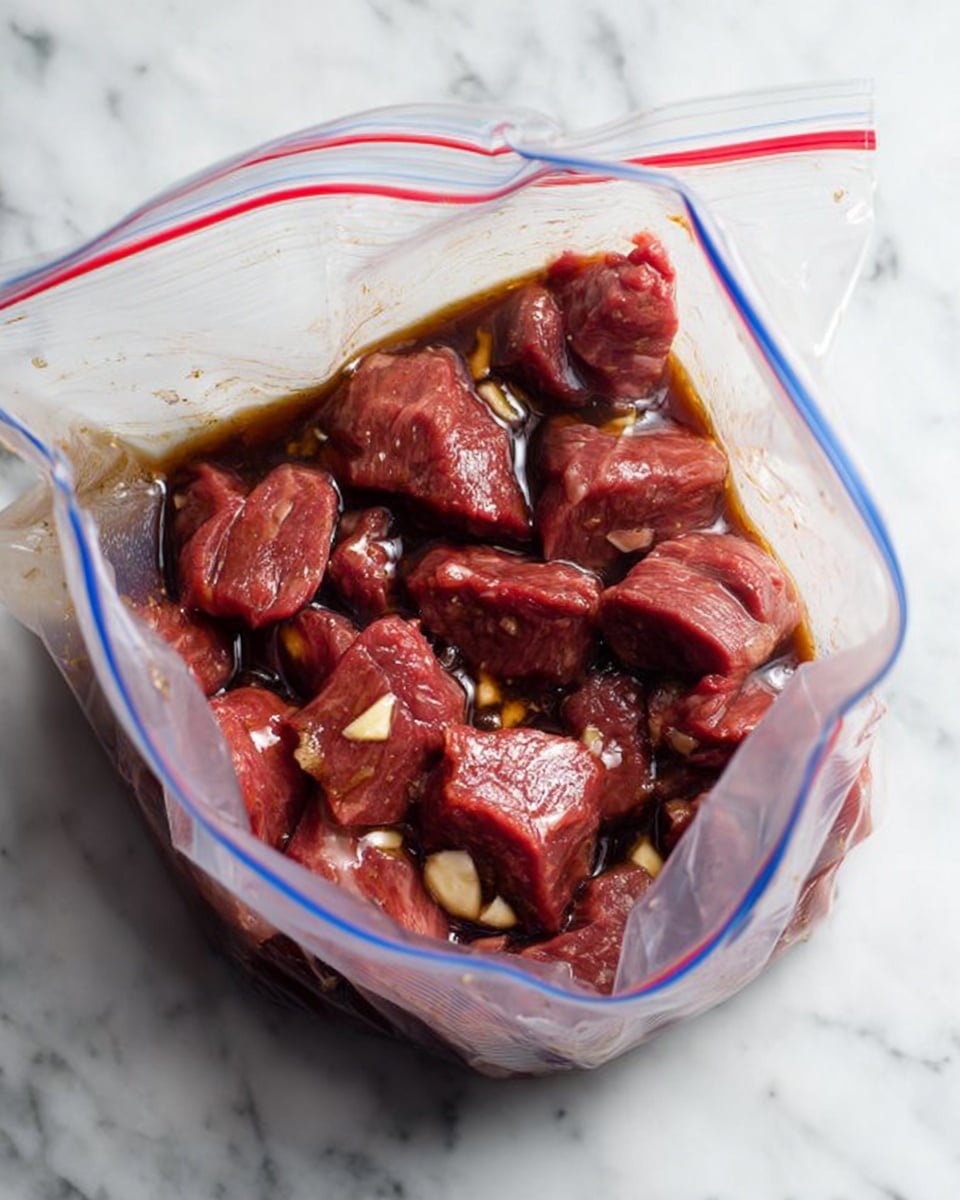 This image shows a clear plastic zip-lock bag filled with raw, red meat chunks soaked in a dark brown marinade with visible garlic pieces. The bag is open at the top with the meat and marinade inside. The background is a white marbled surface, providing a clean and simple setting. photo taken with an iphone --ar 4:5 --v 7