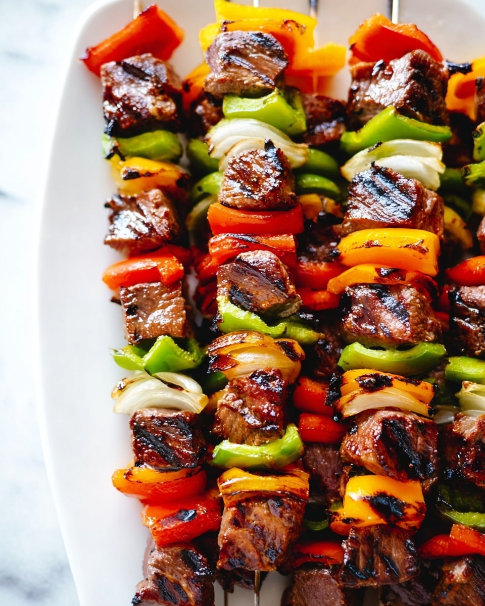 Several skewers are laid out on a glossy white plate on a white marbled surface. Each skewer has layers of brown grilled meat cubes with visible char marks, alternating with brightly colored bell peppers in red, yellow, and green, and pieces of white onion. The peppers and onions have slight grill marks, adding darker lines to their vibrant colors. The skewers are tightly packed, showing a repeating pattern of meat and vegetables from the bottom to the top. The lighting highlights the shiny, juicy look of the grilled food. photo taken with an iphone --ar 4:5 --v 7