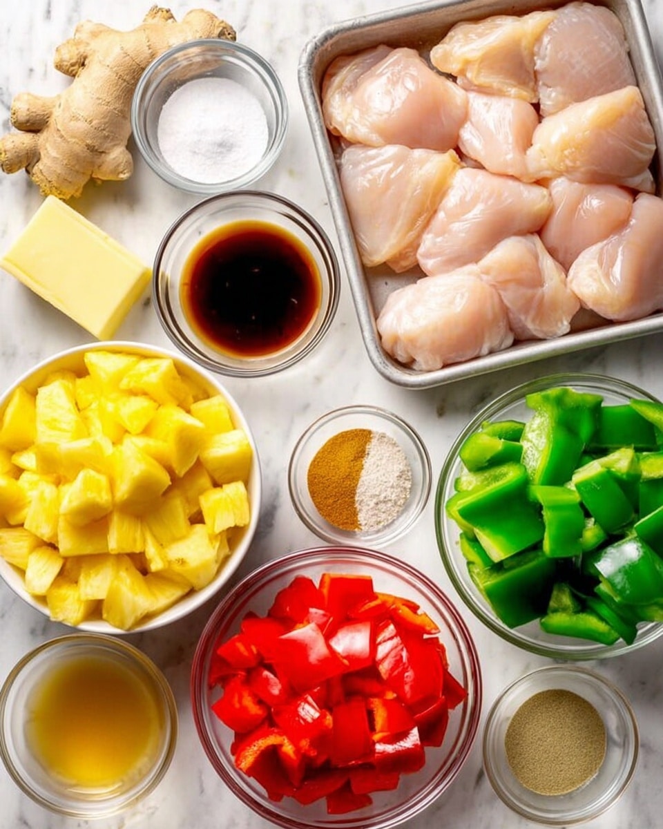 The image shows many fresh ingredients arranged neatly on a white marbled surface. On the top right, there is a metal tray with raw chicken pieces that are pale pink and smooth. Below the tray, chopped red and green bell peppers are placed, showing bright and fresh colors. Near the center left, there is a white bowl filled with yellow pineapple chunks in juice. Around these main items, smaller clear bowls hold different sauces and spices, including a dark brown sauce, light brown liquid, flour, soy sauce, and salt. Fresh ginger and a stick of butter are placed near the peppers. The overall setting is bright with vivid colors, showing clear textures of each ingredient. photo taken with an iphone --ar 4:5 --v 7