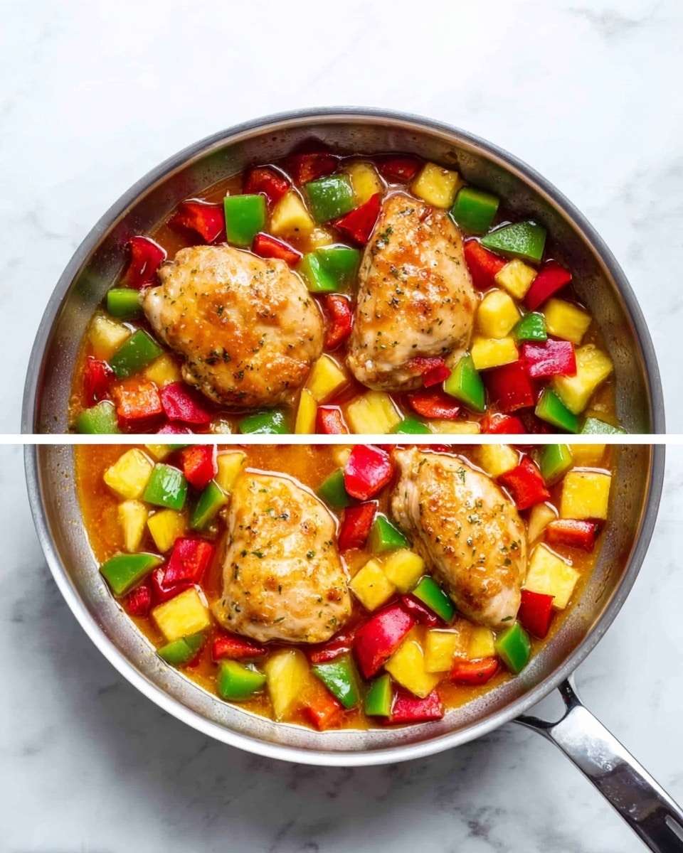 The image shows a round silver pan with a handle, placed on a white marbled surface. Inside the pan, there are three pieces of cooked chicken with a light brown, slightly shiny texture sitting in a sauce. Around the chicken, there are small cubes of red bell pepper, green bell pepper, and yellow pineapple, creating a colorful mix of red, green, and yellow pieces evenly spread around and partly touching the chicken. The sauce has a glossy finish with shades of orange and brown, filling the space around the ingredients. Photo taken with an iphone --ar 4:5 --v 7