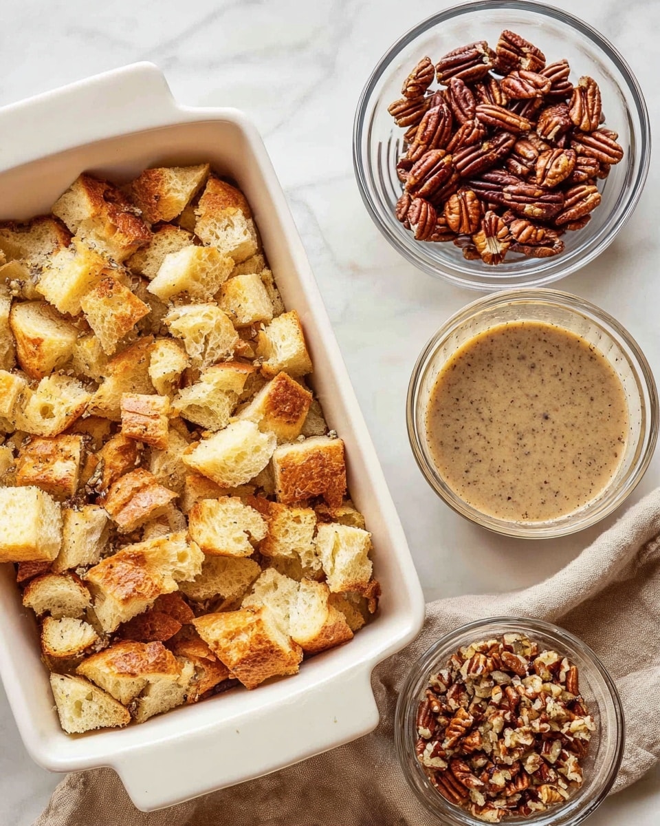 The image shows a large white rectangular baking dish filled with roughly torn pieces of light golden bread that have an airy texture. To the top right, there is a small clear glass bowl filled with whole pecans that are shiny and dark brown. Next to it on the right side is a medium clear glass bowl containing a light brown liquid mixture with visible specks, smooth on the surface. Below this bowl is a smaller clear glass bowl holding chopped pecans. All the items are placed on a white marbled surface with a beige cloth partially visible under the bottom right corner of the bowls. photo taken with an iphone --ar 4:5 --v 7
