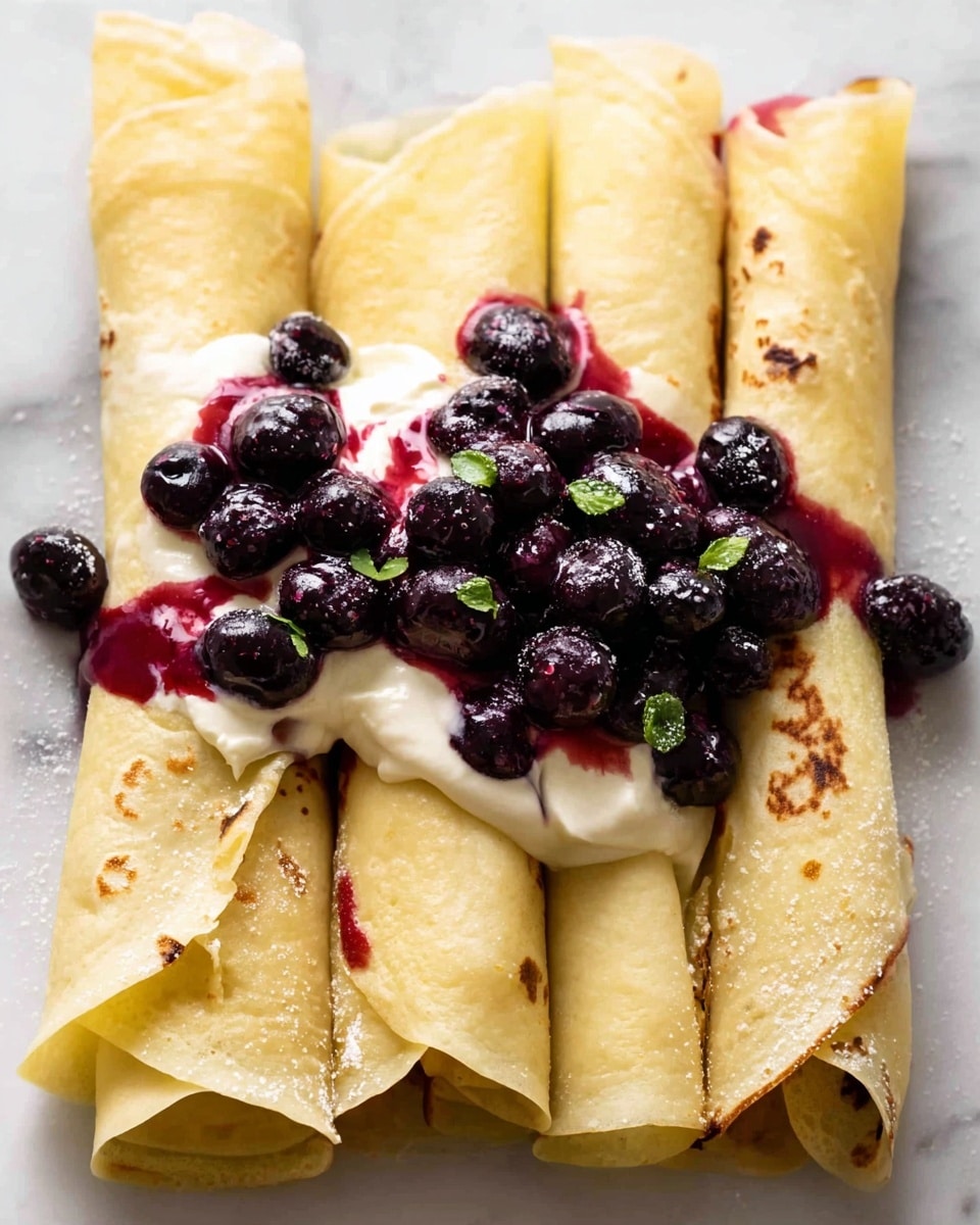 Five light yellow crepes are rolled and placed overlapping each other vertically on a white marbled surface. On top of the middle crepes, there is a heap of dark purple glossy berries with a few small green leaves mixed in. These berries are sitting on a dollop of white soft cream that has a red-purple syrup slowly dripping onto the crepes below. The overall look shows the soft texture of the crepes with small brown spots and a smooth creaminess from the topping. photo taken with an iphone --ar 4:5 --v 7