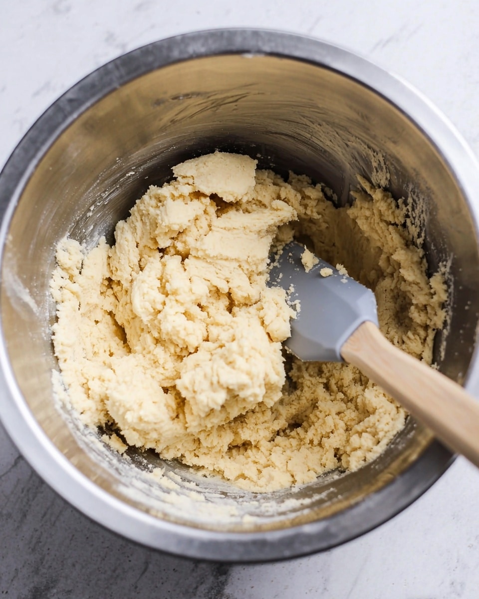 Inside a silver metal mixing bowl, there is a thick, pale yellow dough with a crumbly texture in one layer. A light wooden-handled spatula with a gray silicone head is partly buried on the right side of the dough, mixing it gently. The bowl rests on a white marbled surface. The dough looks soft but a bit uneven and rough in some parts. photo taken with an iphone --ar 4:5 --v 7