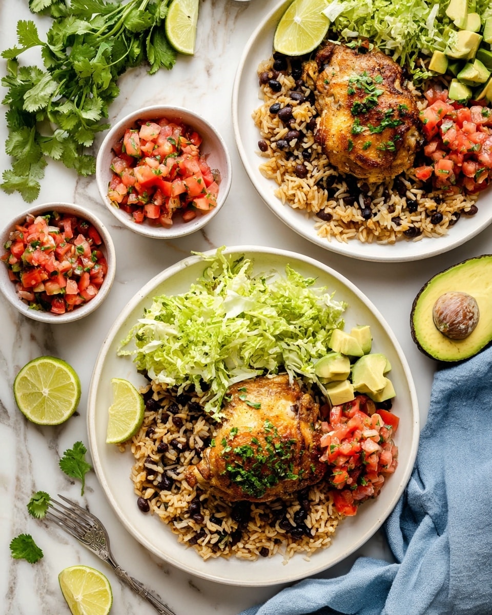 Two white plates each show a layered meal starting with a base of seasoned rice mixed with black beans and small bits of herbs. On top of the rice in the middle sits a golden-brown cooked chicken thigh sprinkled with chopped cilantro. To one side of the chicken is a fresh pile of shredded green lettuce and small cubes of bright green avocado. On the other side is a scoop of red tomato salsa with white onion pieces. Each plate also features a wedge of lime resting near the avocado. Around the plates are small white bowls holding extra tomato salsa and shredded lettuce. A halved avocado with its seed is placed nearby on a white marbled surface along with some cilantro leaves and a soft blue cloth. Photo taken with an iphone --ar 4:5 --v 7