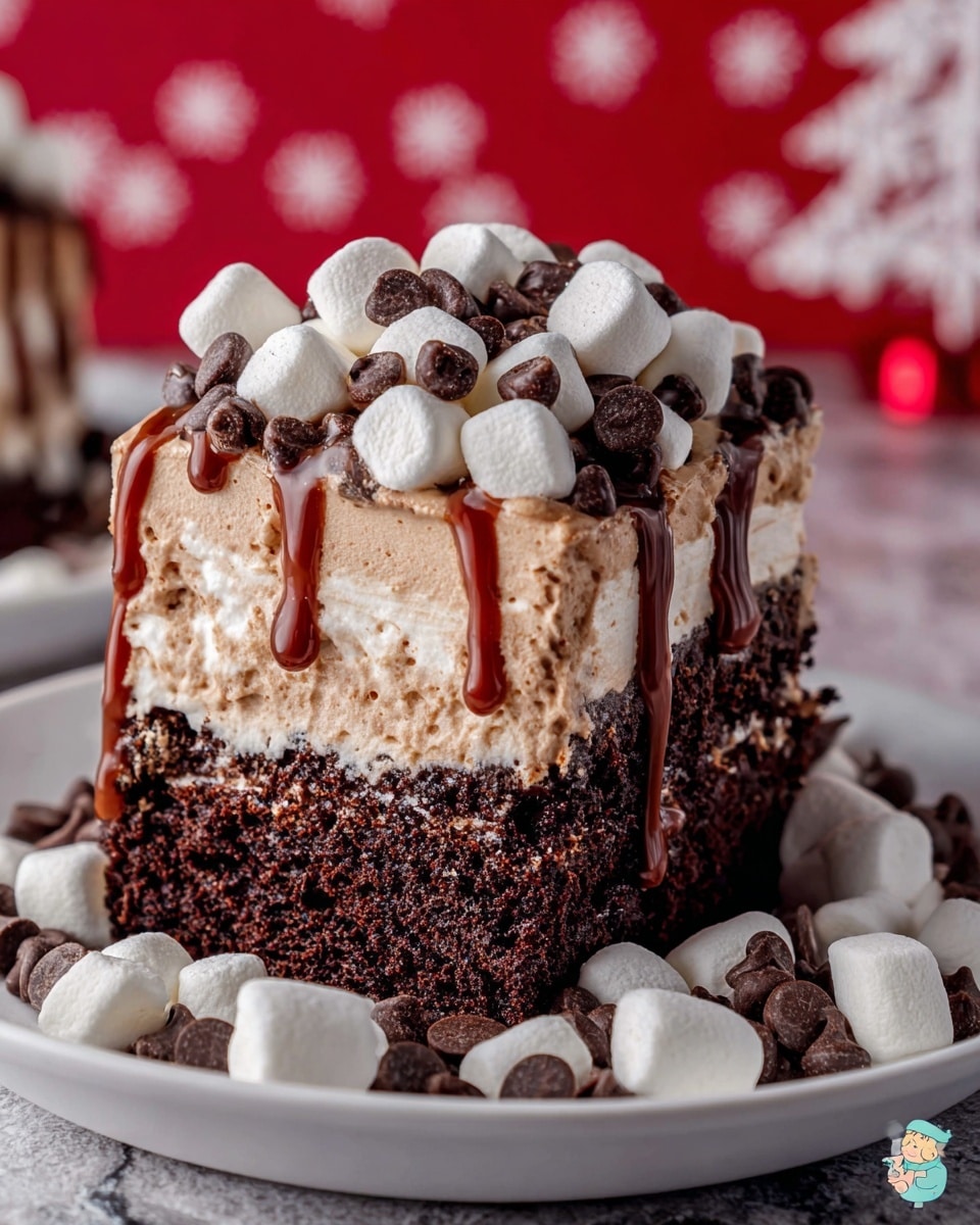 A thick slice of dark chocolate cake with a moist, dense texture forms the bottom two layers, with a creamy light brown mousse layer sitting on top. The mousse is smooth and fluffy, covering the cake fully. On top of the mousse are scattered small white marshmallows and many dark brown chocolate chips. Rich chocolate syrup is drizzled over everything, dripping down the sides of the mousse and cake. Several marshmallows and chocolate chips also lie around the base on a white plate, all set against a white marbled surface with a blurred red background featuring white snowflake patterns, giving a cozy festive feeling. Photo taken with an iphone --ar 4:5 --v 7