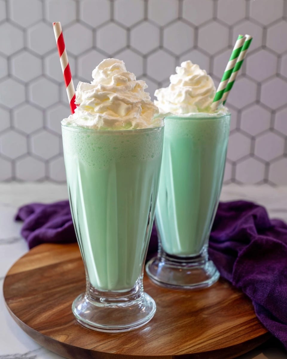 Two tall clear glasses filled with a smooth light green drink that nearly reaches the top of each glass. Each glass has a thick layer of fluffy white whipped cream piled high on top. One glass has a red and white striped straw, and the other has a blue and white striped straw. The glasses are placed on a round wooden board, and a dark purple cloth is on the white marbled surface behind them. The background has white hexagonal tiles. photo taken with an iphone --ar 4:5 --v 7