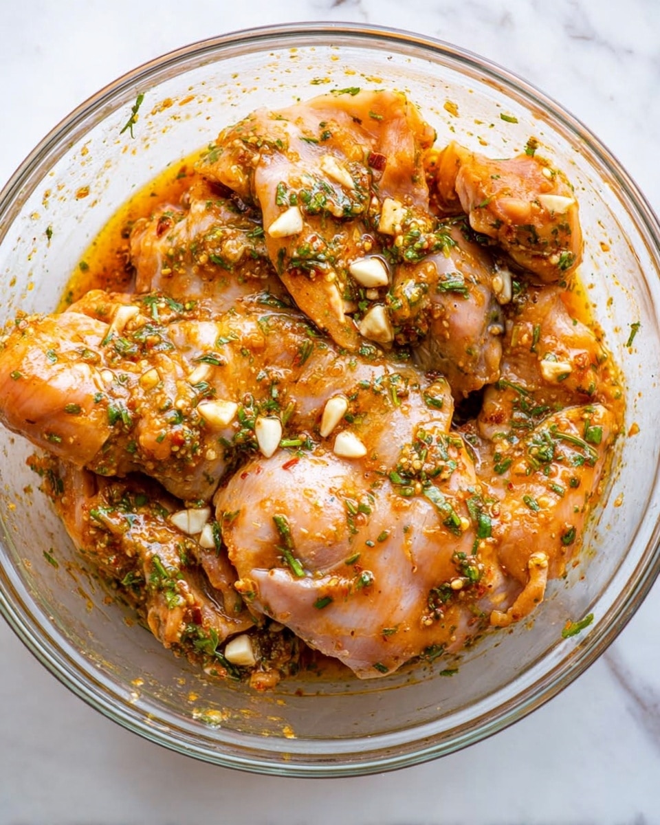 The image shows pieces of raw chicken thighs covered in a thick orange-brown marinade with visible green herbs and small white garlic pieces spread evenly on top. The chicken pieces are placed inside a clear glass bowl, filling the bowl almost fully. The sauce looks oily and sticky, coating the chicken well, and the bowl sits on a white marbled surface. photo taken with an iphone --ar 4:5 --v 7