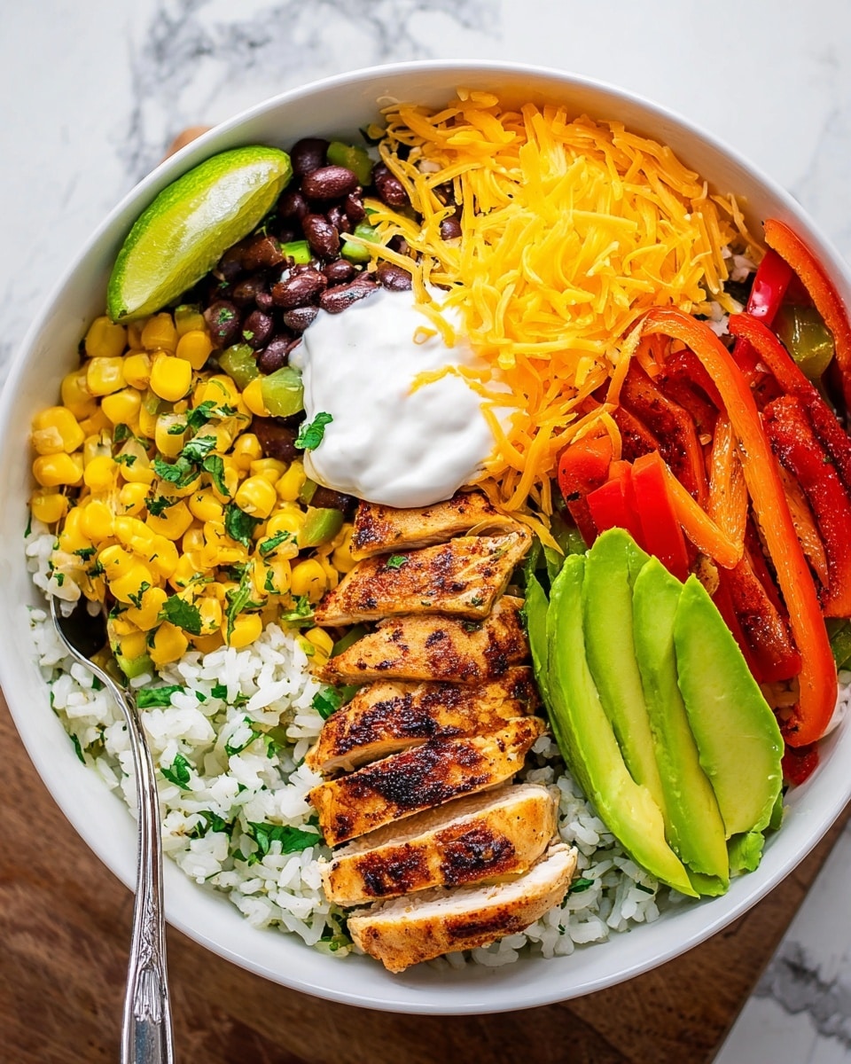 A white bowl is filled with six brightly colored layers arranged side by side: fluffy white rice with green herbs on the left, yellow corn kernels next to it, a mix of dark brown beans and diced green peppers beside the corn, then a pile of thin orange shredded cheese, followed by orange and red grilled bell pepper strips, and finally slices of grilled seasoned chicken with grill marks topped with small green herbs. On top of the chicken is a dollop of white sour cream, and next to the rice is a wedge of light green lime. In the back, slices of pale green avocado fan out slightly. The bowl sits on a white marbled surface. Photo taken with an iphone --ar 4:5 --v 7