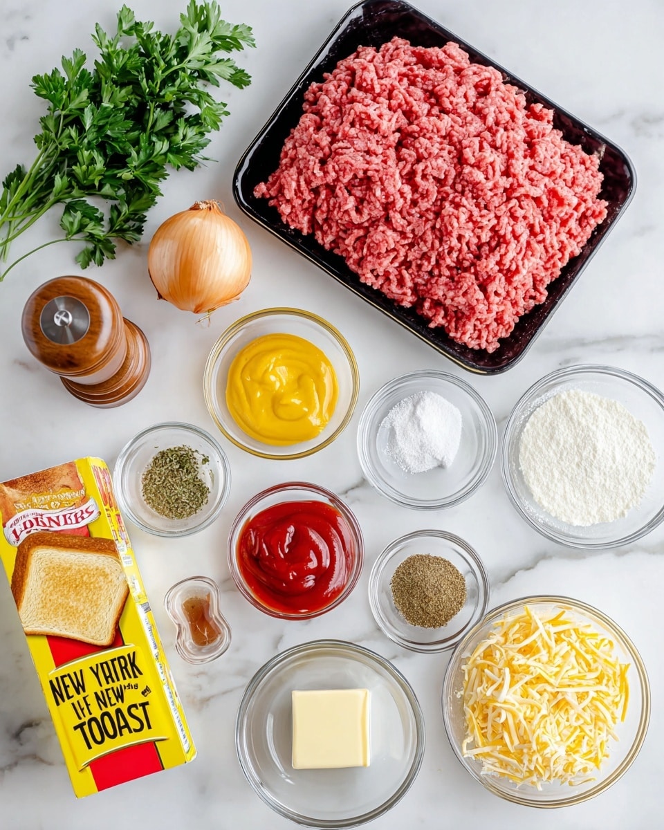 The image shows ingredients arranged neatly on a white marbled surface. At the top center, there is a black tray filled with pink ground meat. Surrounding it are small clear glass bowls holding red ketchup, yellow mustard, shredded white cheese, brown sugar, and a small white bowl with a mix of dried herbs and garlic powder. There is also a peeled yellow onion placed near fresh green parsley leaves. A small glass bowl contains a square of light butter, and a dark brown liquid in another bowl. To the left, there is a yellow box of New York Bakery Texas Toast with two slices of golden yellow toasted garlic bread shown on the box. A wooden pepper grinder is visible at the bottom left corner. Photo taken with an iphone --ar 4:5 --v 7