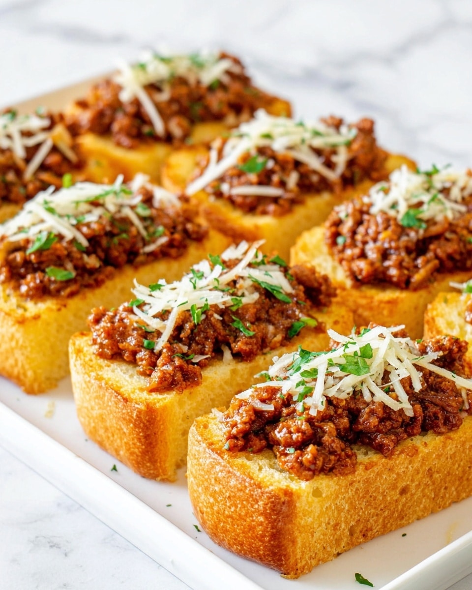 The image shows slices of thick, golden toasted bread arranged on a white tray with a white marbled background. Each slice is topped with a layer of finely cooked minced meat mixed with small pieces of onions, giving a rich brown and slightly reddish color. On top of the meat layer, there is a light sprinkle of shredded white cheese and small bits of green herbs, adding color contrast. The texture of the bread looks crunchy on the outside and soft on the inside, while the meat appears moist and well cooked. The slices are placed in neat rows, creating a visually appealing pattern. Photo taken with an iphone --ar 4:5 --v 7