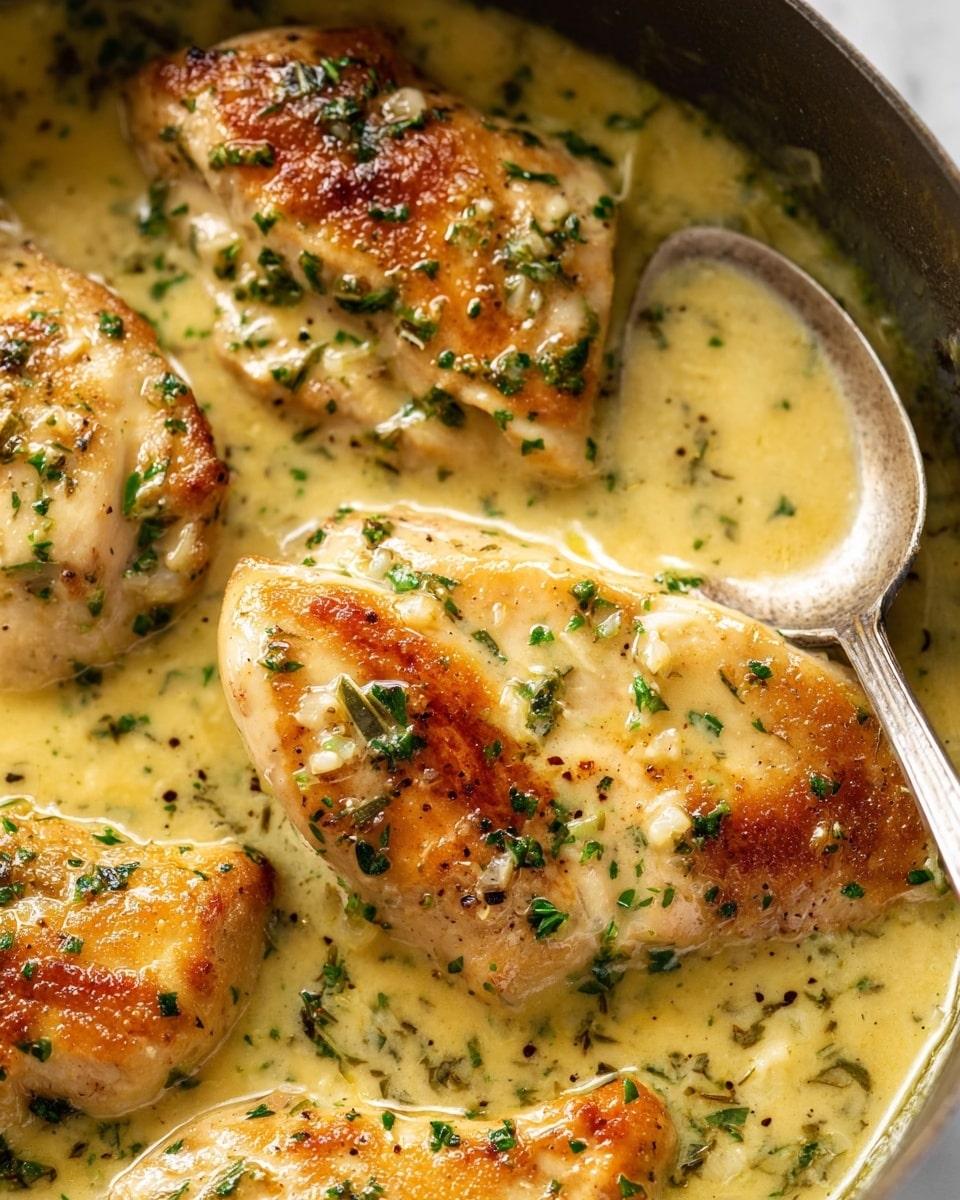 The image shows several pieces of golden brown chicken in a creamy light yellow sauce with green herbs sprinkled all over. The chicken pieces have a smooth, slightly shiny texture with some darker browned spots, and the sauce looks thick with small bits of herbs mixed in. A silver spoon is partially visible on the right, resting in the sauce. The background shows a white marbled surface. photo taken with an iphone --ar 4:5 --v 7