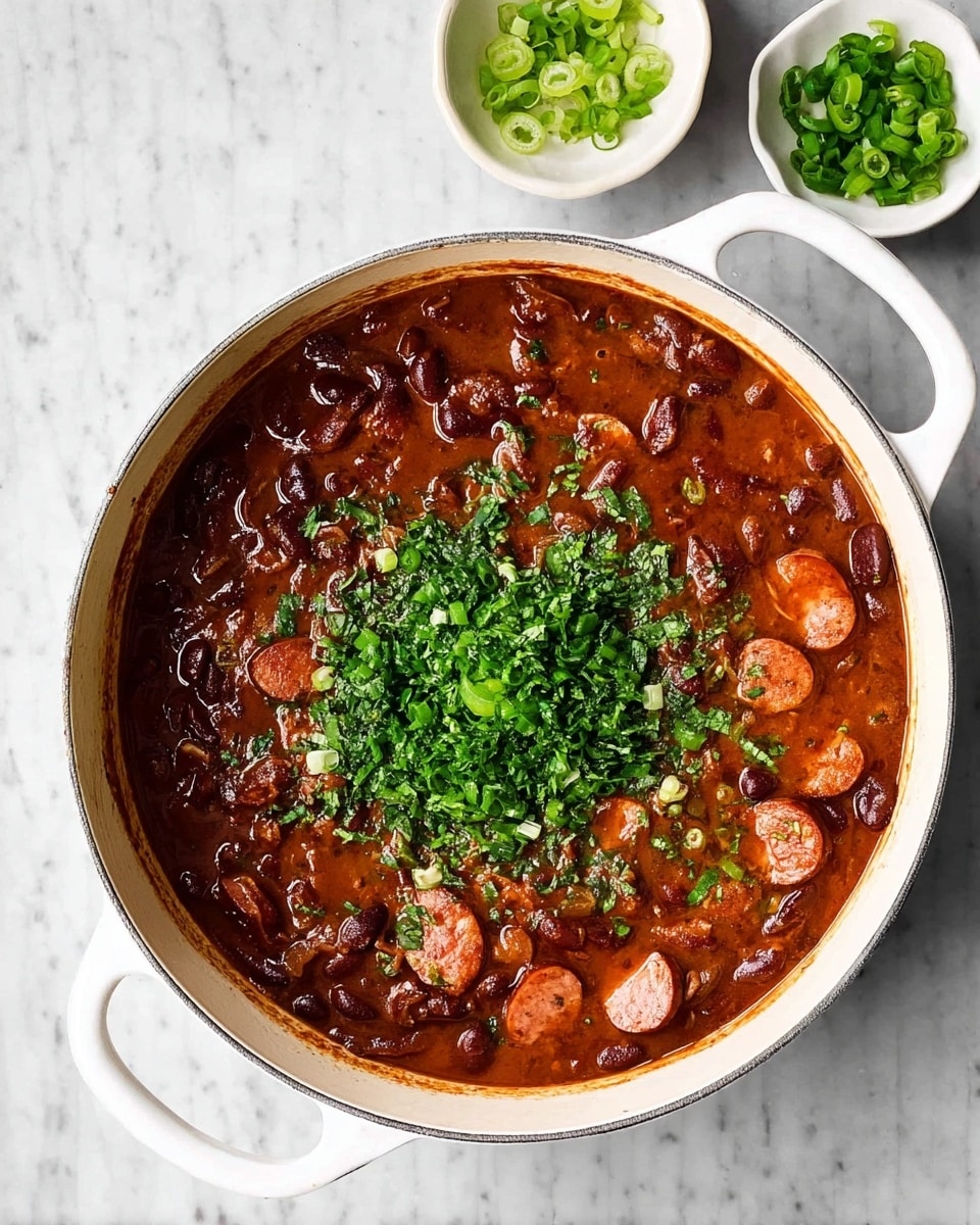A white pot filled with thick reddish-brown stew with visible dark kidney beans and slices of sausage spread within. On top of the stew is a pile of bright green chopped herbs and green onions, positioned in the center. In the background there are two small white bowls, one filled with more chopped herbs and the other with sliced green onions. The whole setup is on a white marbled surface. Photo taken with an iphone --ar 4:5 --v 7