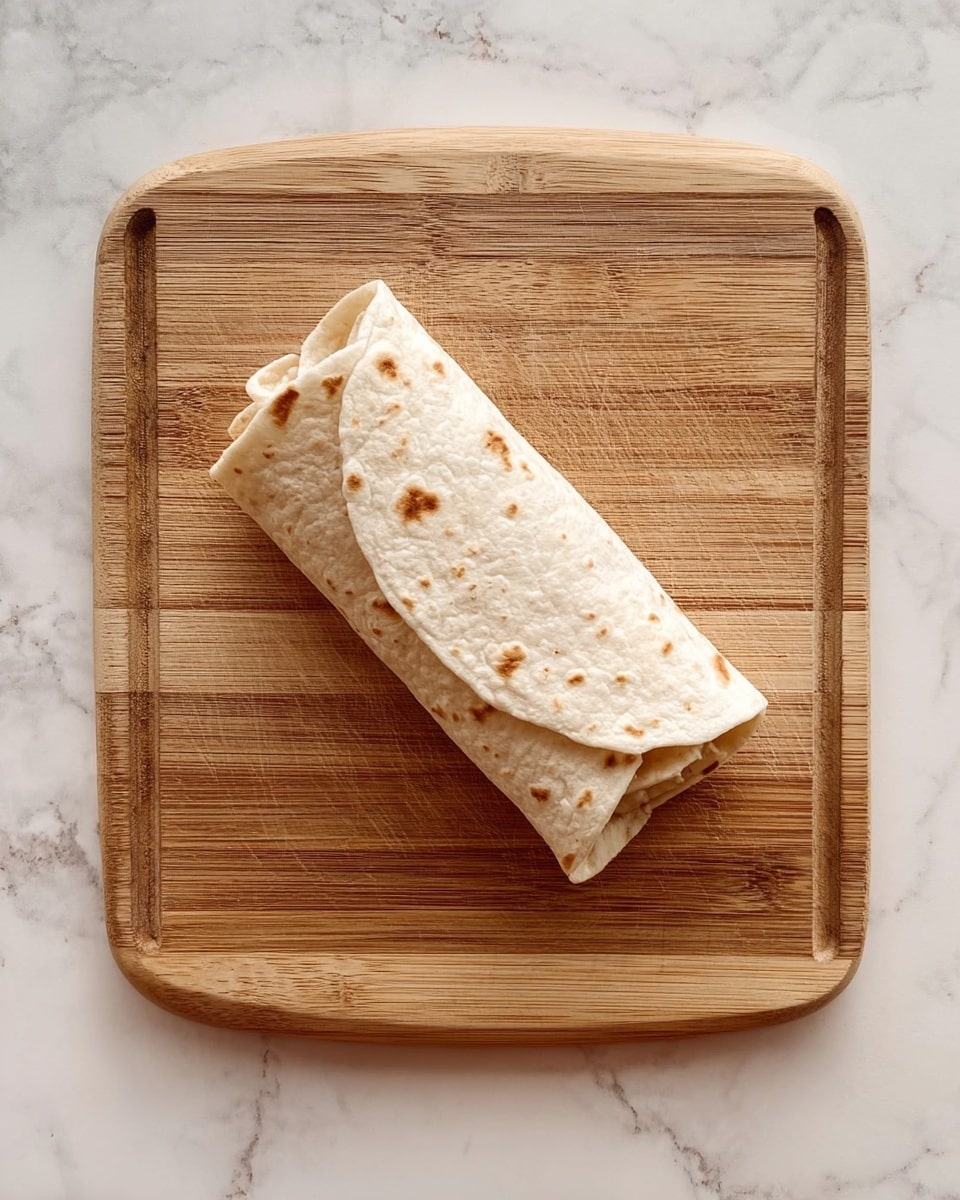 A small, tightly rolled wrap made from a soft, light beige tortilla with scattered brown spots, placed in the center of a wooden cutting board with a natural light brown color and visible grain lines, resting on a white marbled surface. Photo taken with an iphone --ar 4:5 --v 7