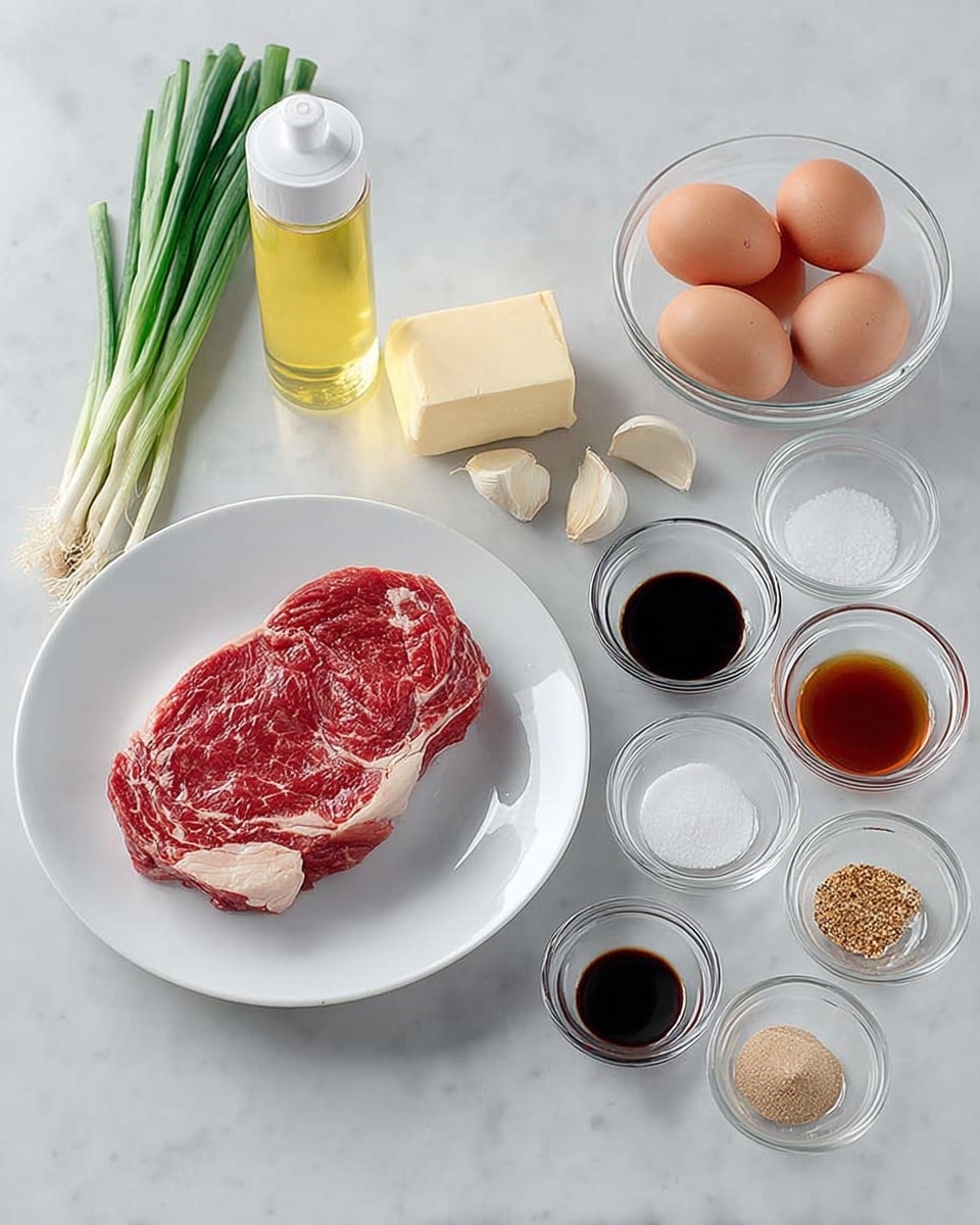 A white plate holds one large raw red steak with white fat marbling on the edges, sitting beside a small clear glass bowl filled with four brown eggs. Next to the eggs is a white squeeze bottle of yellow oil, a rectangular block of pale yellow butter, and a small cluster of four garlic cloves. A bunch of green onions with long green stalks and white bulbs lies next to these. To the right, there are six small clear glass bowls arranged in two rows, each containing different ingredients: one with white granulated sugar, one with dark soy sauce, one with reddish-brown liquid, one empty, one with light brown crushed spices, and another empty. All items are placed on a white marbled surface. Photo taken with an iphone --ar 4:5 --v 7