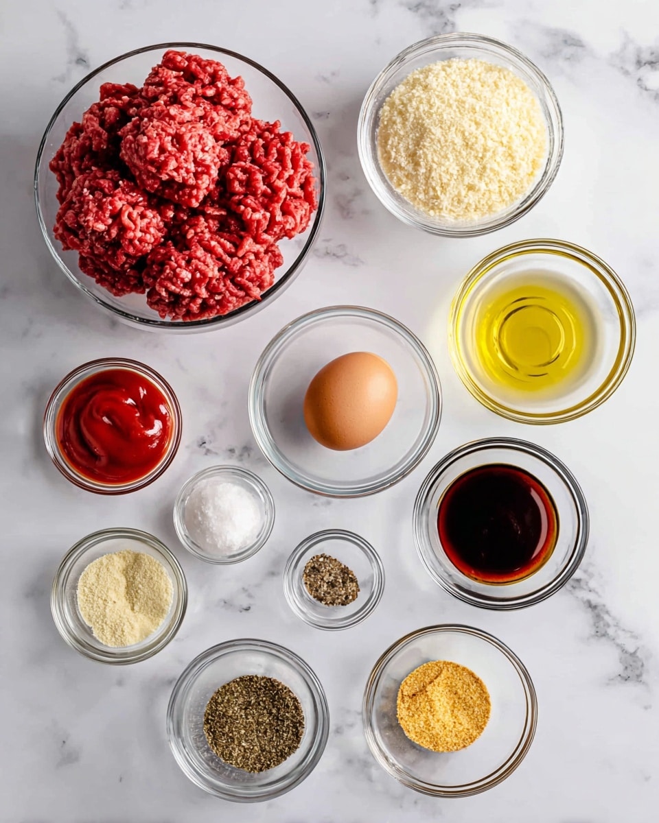 The image shows a top view of various ingredients placed neatly on a white marbled surface arranged in clear glass bowls or dishes. In the top left corner, there's a large bowl filled with raw, red ground beef. Surrounding it in a loose circular pattern are smaller bowls holding different ingredients: pale yellow breadcrumbs, bright red ketchup, a single brown egg in clear water, a small amount of white onion powder, dark brown Worcestershire sauce, light yellow olive oil, grainy yellow mustard, black pepper, and reddish seasoning salt. Each bowl is clearly labeled with bold black text in uppercase above or near the ingredient. The overall setup is clean and organized, with the ingredients evenly spaced. Photo taken with an iphone --ar 4:5 --v 7
