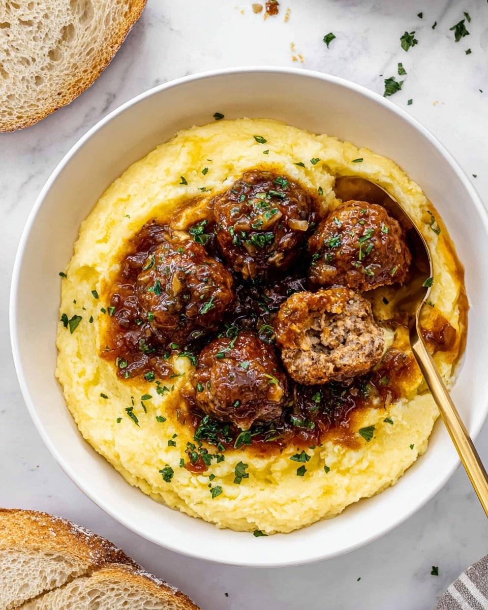 A white bowl holds a bed of creamy yellow mashed potatoes with a soft, smooth texture. On top of the potatoes, there are several brown meatballs covered in a thick, dark brown sauce with visible small onion pieces and sprinkled green herbs. One meatball is split open, showing a dense, light brown inside. A gold spoon rests partially in the bowl on the right side, touching the mashed potatoes. The bowl is placed on a white marbled surface with small green herb pieces scattered around, and a piece of crusty light brown bread is visible at the bottom left corner. Photo taken with an iphone --ar 4:5 --v 7