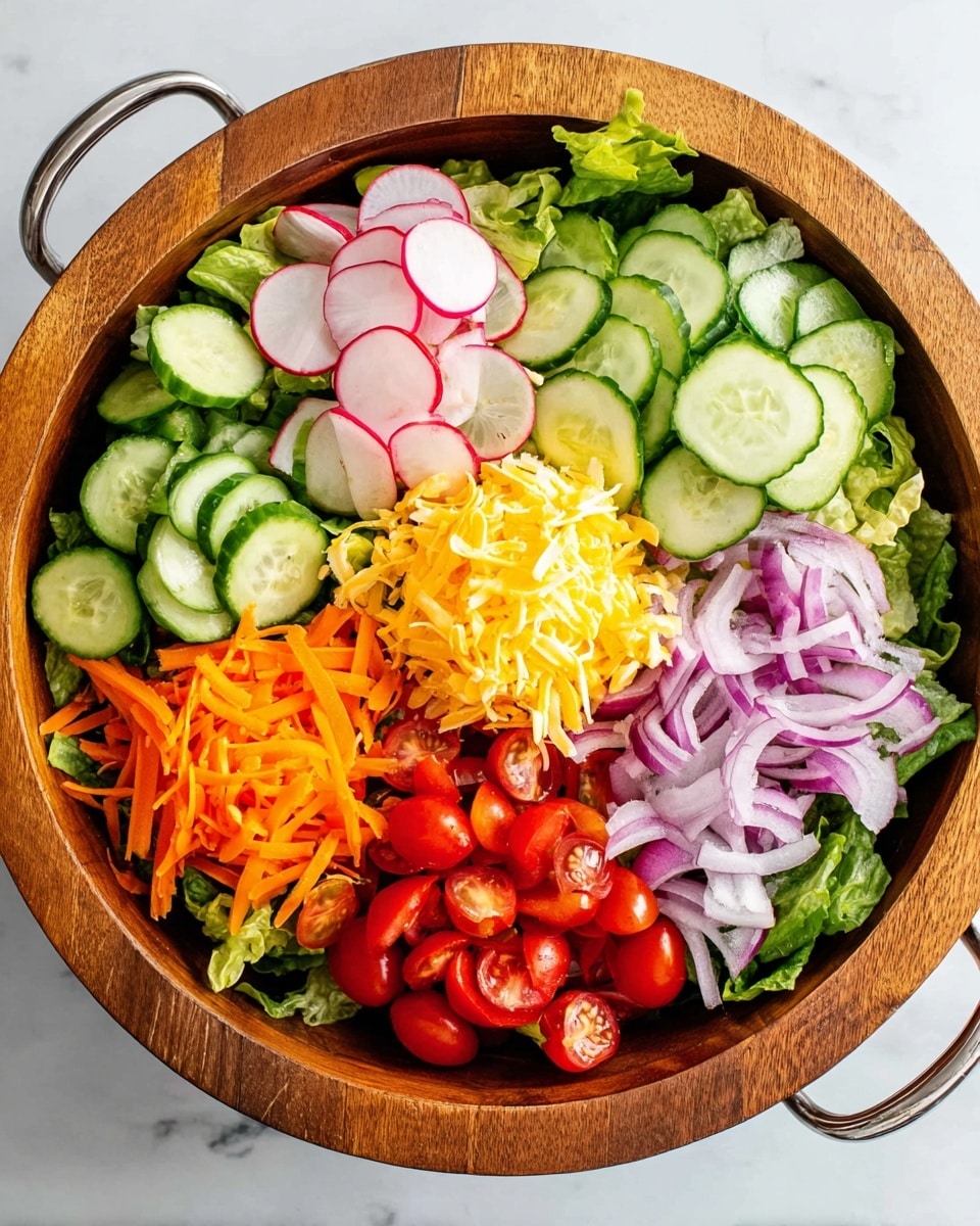 A round wooden bowl with two silver handles is filled with a fresh salad, placed on a white marbled surface. The salad has a base layer of green lettuce leaves. On top, there are five main layers, each in a separate section: bright green cucumber slices on the left, thin red and white radish slices next to them, shredded orange carrots next, thinly sliced purple onions near the bottom right, and halved red cherry tomatoes filling the bottom left area. A small pile of shredded yellow and white cheese is on top of the lettuce near the tomatoes. The colors and textures are fresh and crisp. Photo taken with an iphone --ar 4:5 --v 7