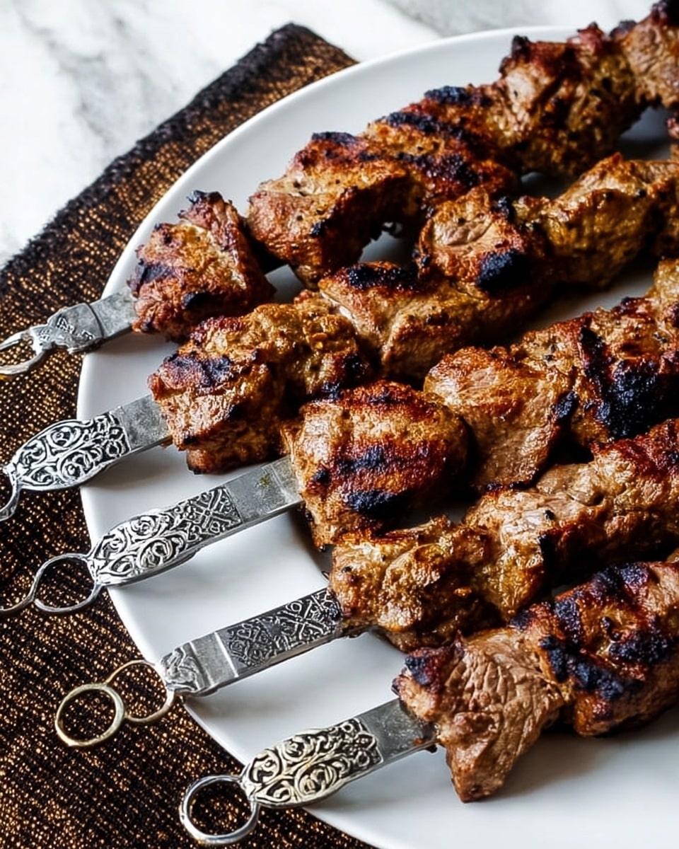 The image shows four metal skewers with cooked pieces of meat on them, arranged side by side on a white plate. Each skewer has brown grilled meat chunks with visible char marks, giving a textured and slightly crispy look. The skewers have ornate, round handles with intricate patterns, positioned toward the front of the plate. The plate is placed on a dark woven cloth on a white marbled surface, and the warm lighting highlights the juicy texture and color of the grilled meat. photo taken with an iphone --ar 4:5 --v 7
