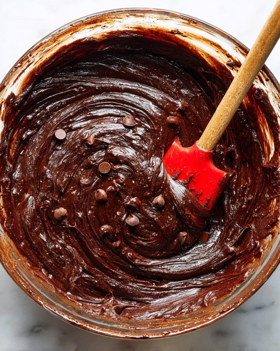 A close-up view of a glass bowl filled with thick, shiny dark chocolate batter, swirled smoothly with some chocolate chips visible on the surface and a red spatula with a wooden handle partially dipped into the batter on the right side, resting on a white marbled surface photo taken with an iphone --ar 4:5 --v 7